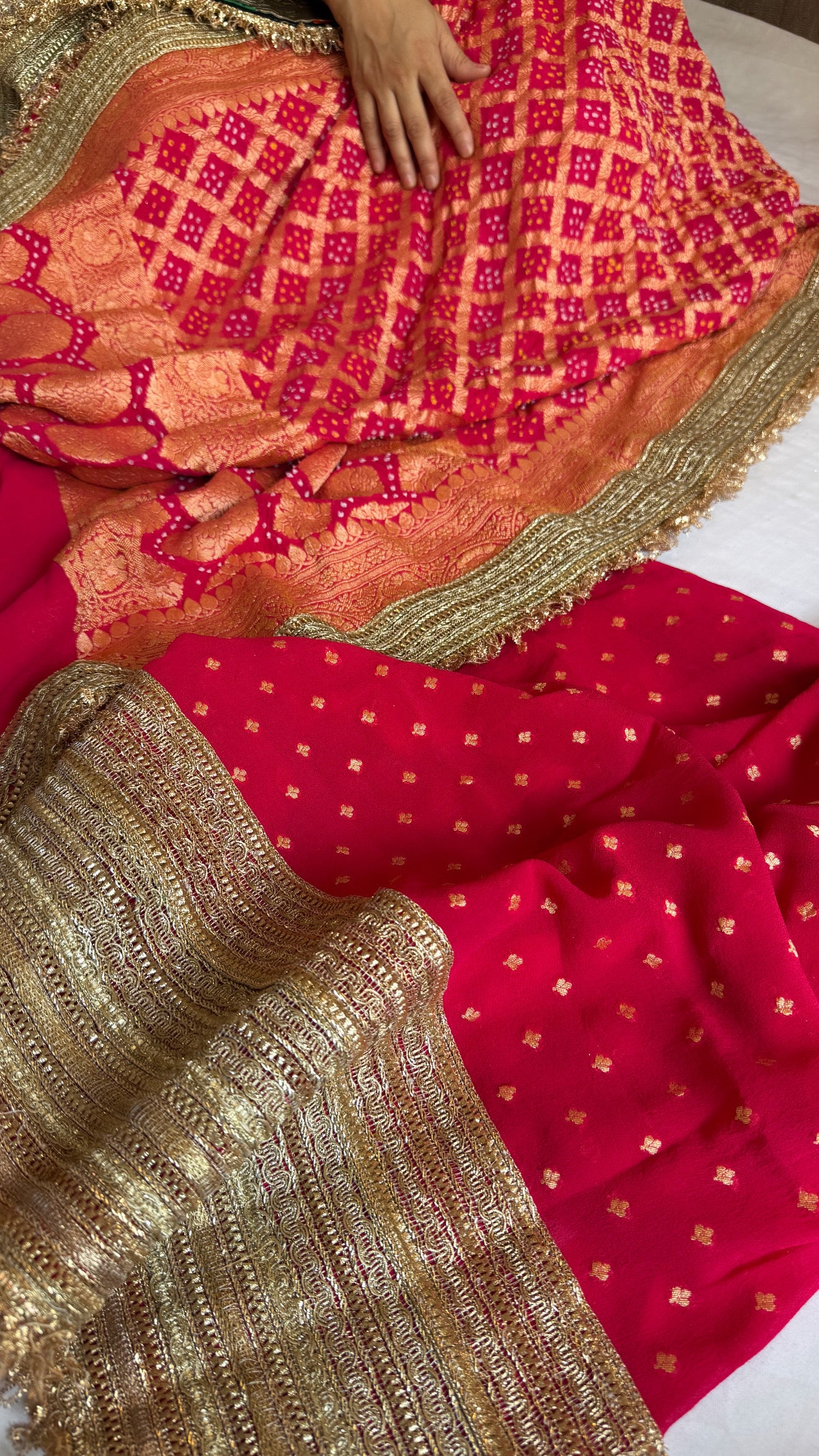 Strawberry pink rai banarasi bandhej gorgette kadhwa gotapatti suit set