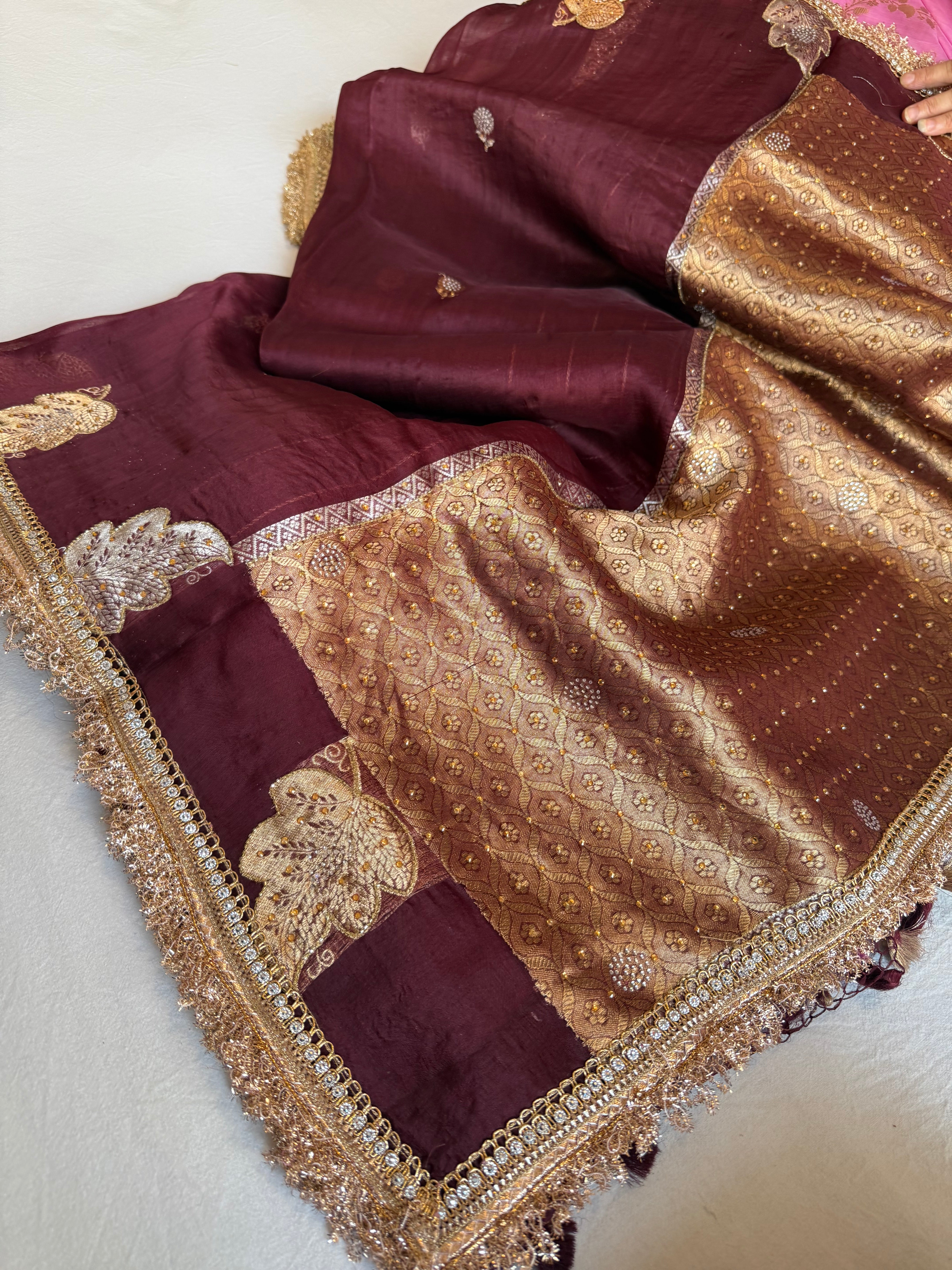 Deep plum banarasi kora silk heavy sitara stonework kadhwa gotapatti saree