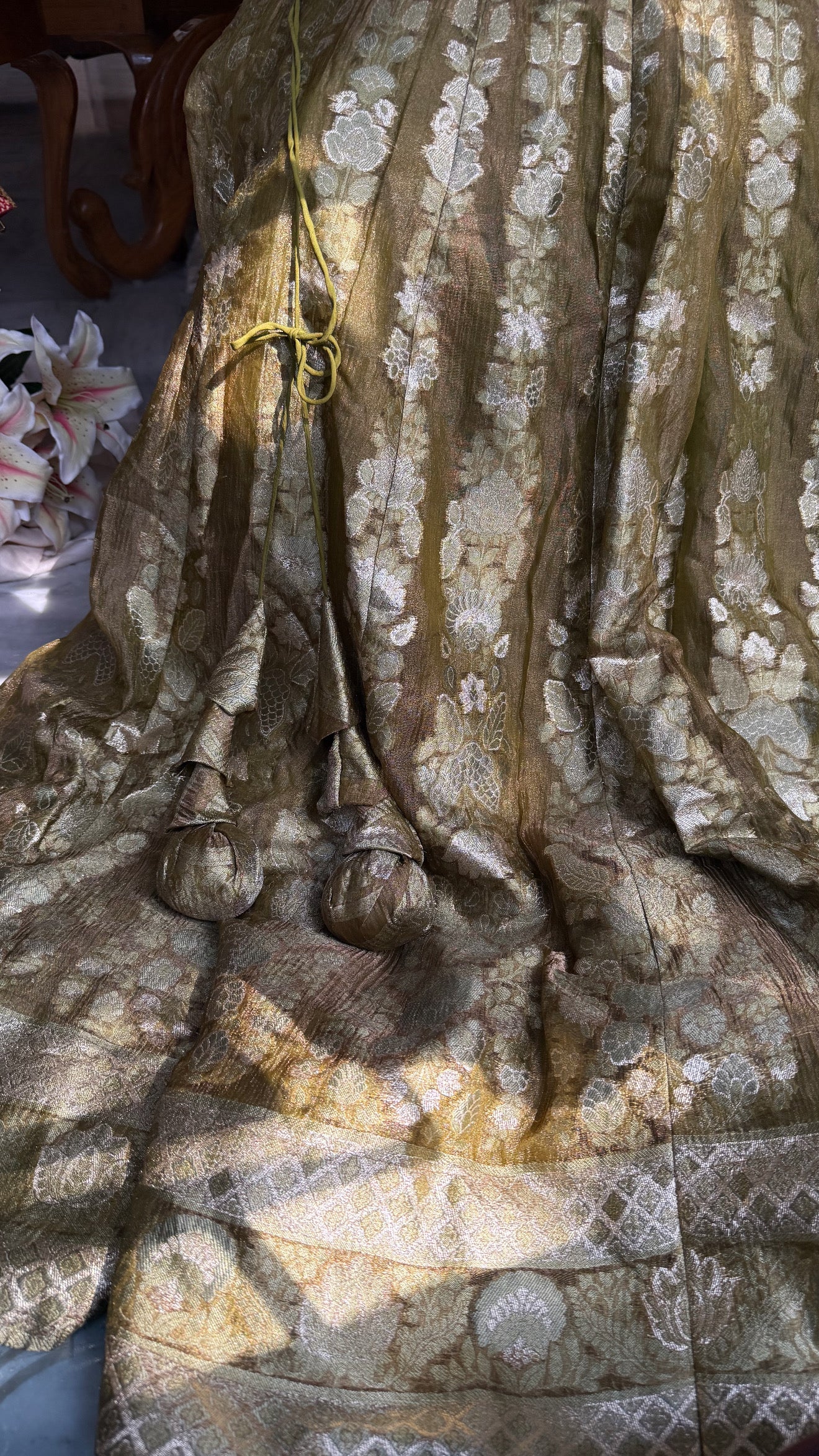 Deep mehendi green tissue silk kali wala lehenga set