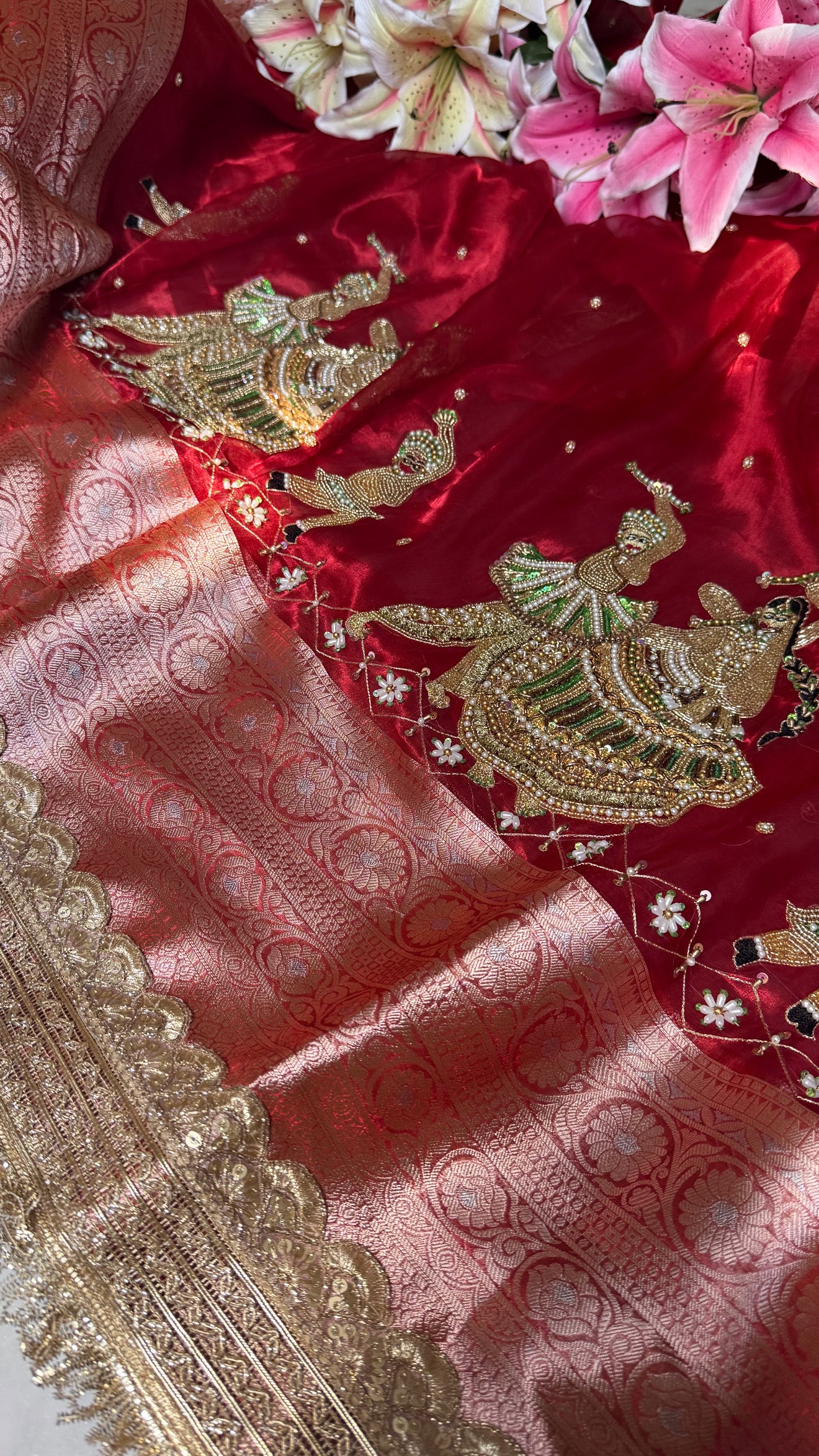 Dandiya wali laal saree - blood red garba theme hand embroidered kadhwa tissue silk saree