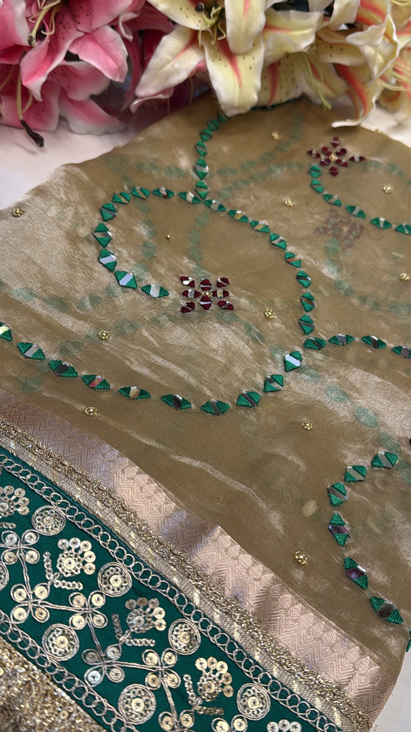 Champagne gold with green mirror work husn tissue silk hand embroidered kadhwa saree