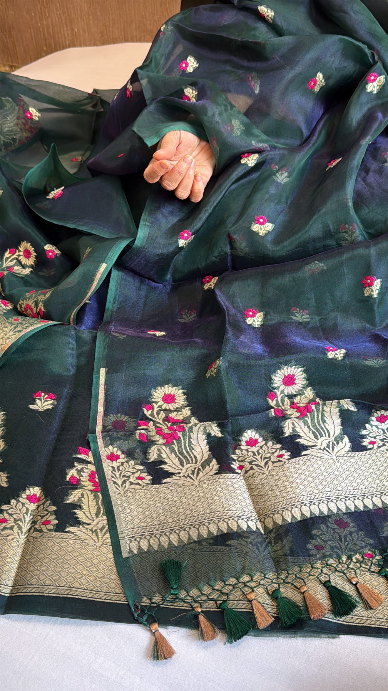 Bottle green dhup chao effect  silk meenakari kadhwa suit set