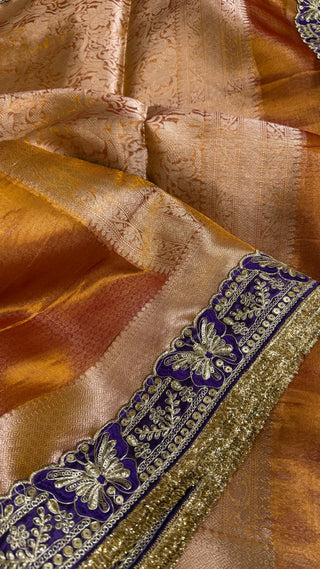 Kanjivaram orange maharani tissue silk meenakari border saree