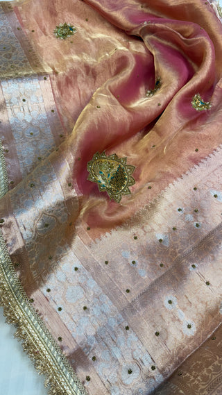 Cocktail wali saree - Peachy pink tissue silk heavy hand embroidered saree