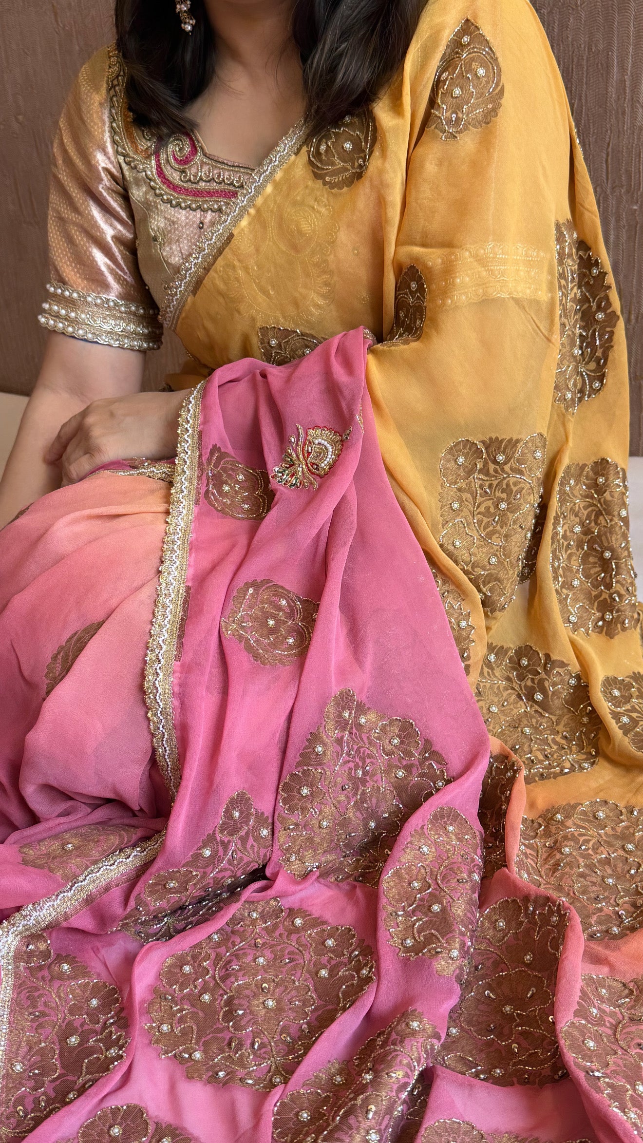 Haldi yellow and pink gorgette banarasi hand embroidered antique zari kadhwa saree