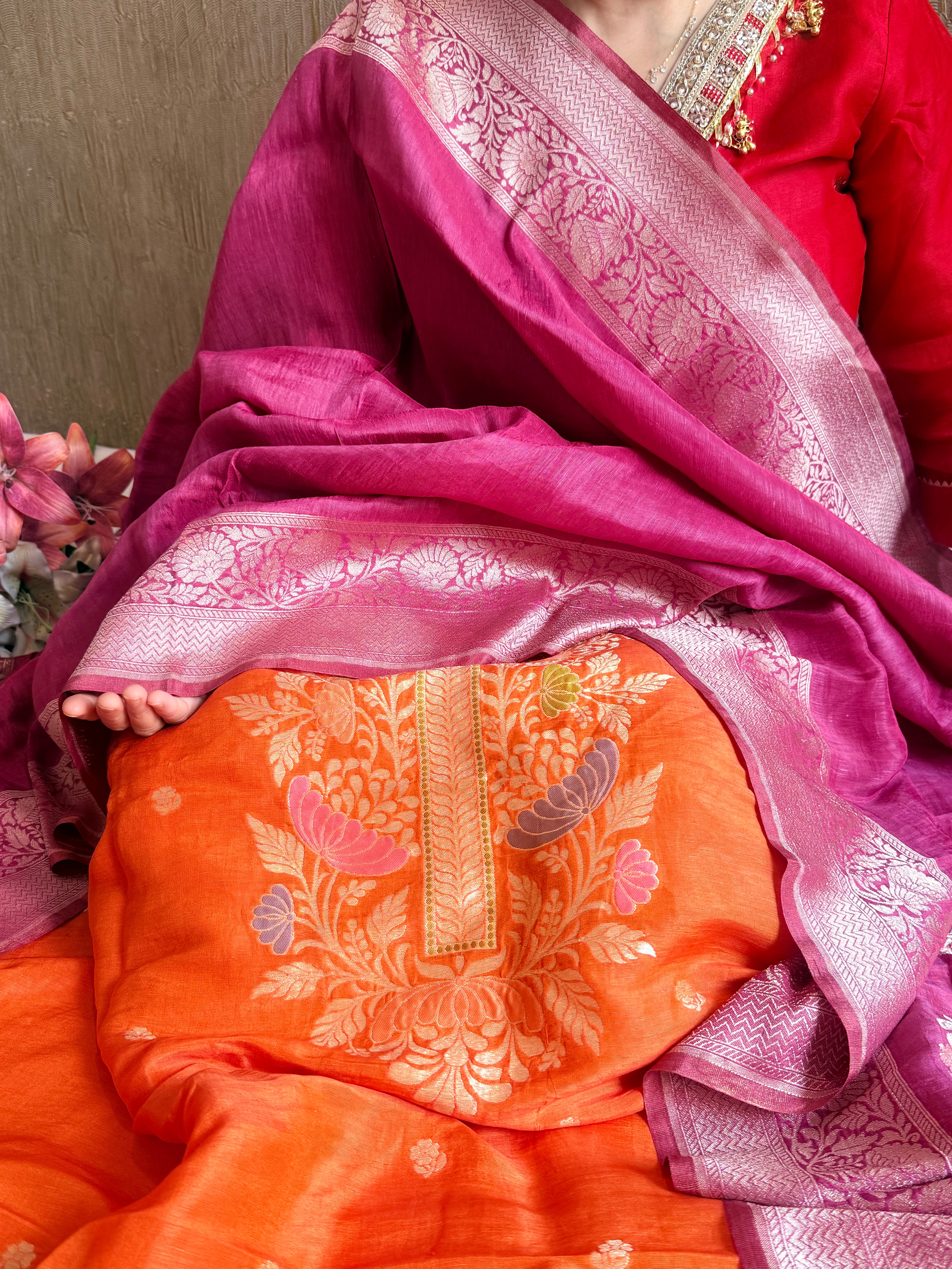Banarasi linen gorgette neckwork weaving meenakari suit set