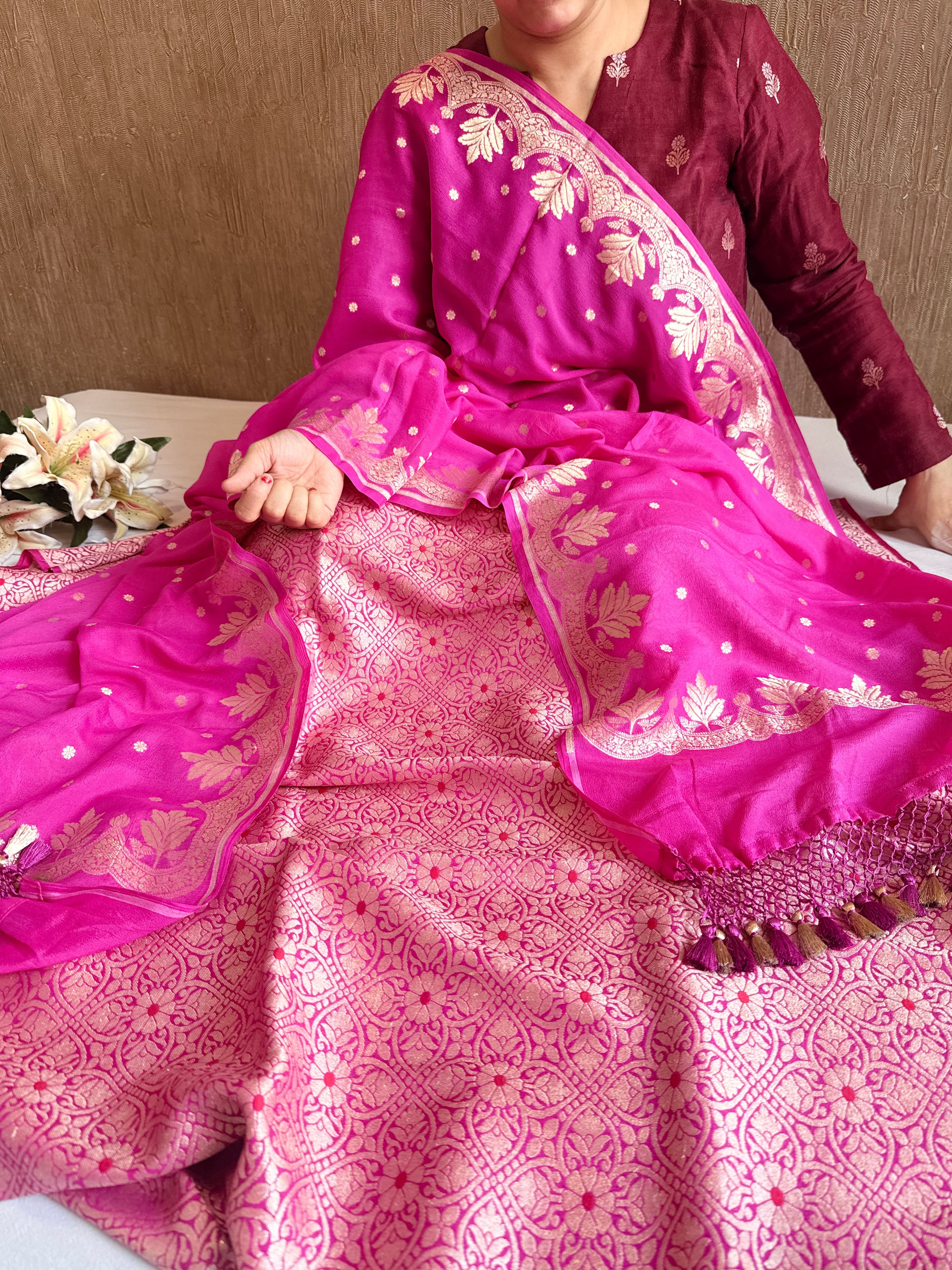 Hot pink moonga brocade ambose meenakari suit set