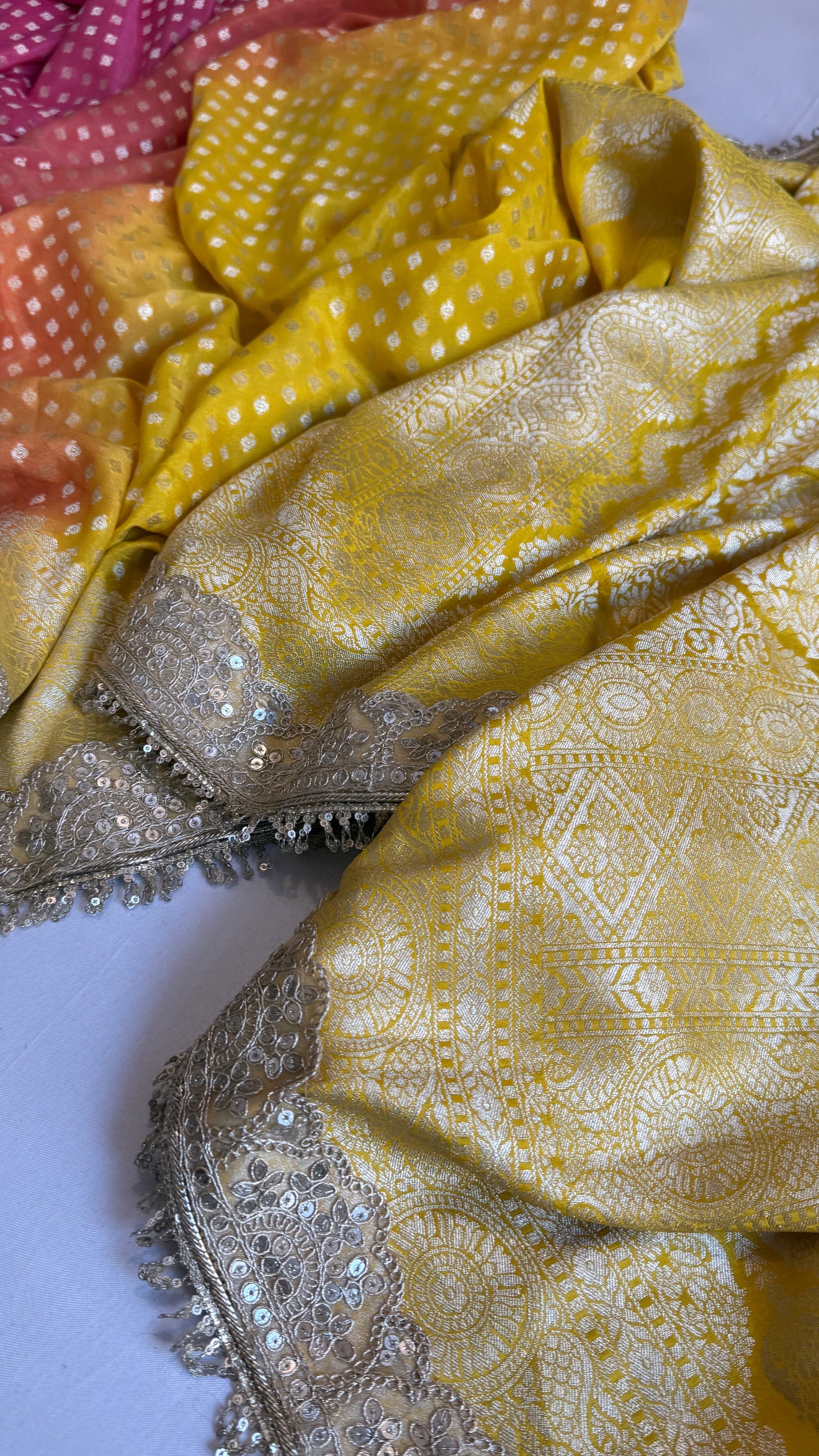 Moonga silk ombre shaded chunri buti kadhwa gotapatti saree