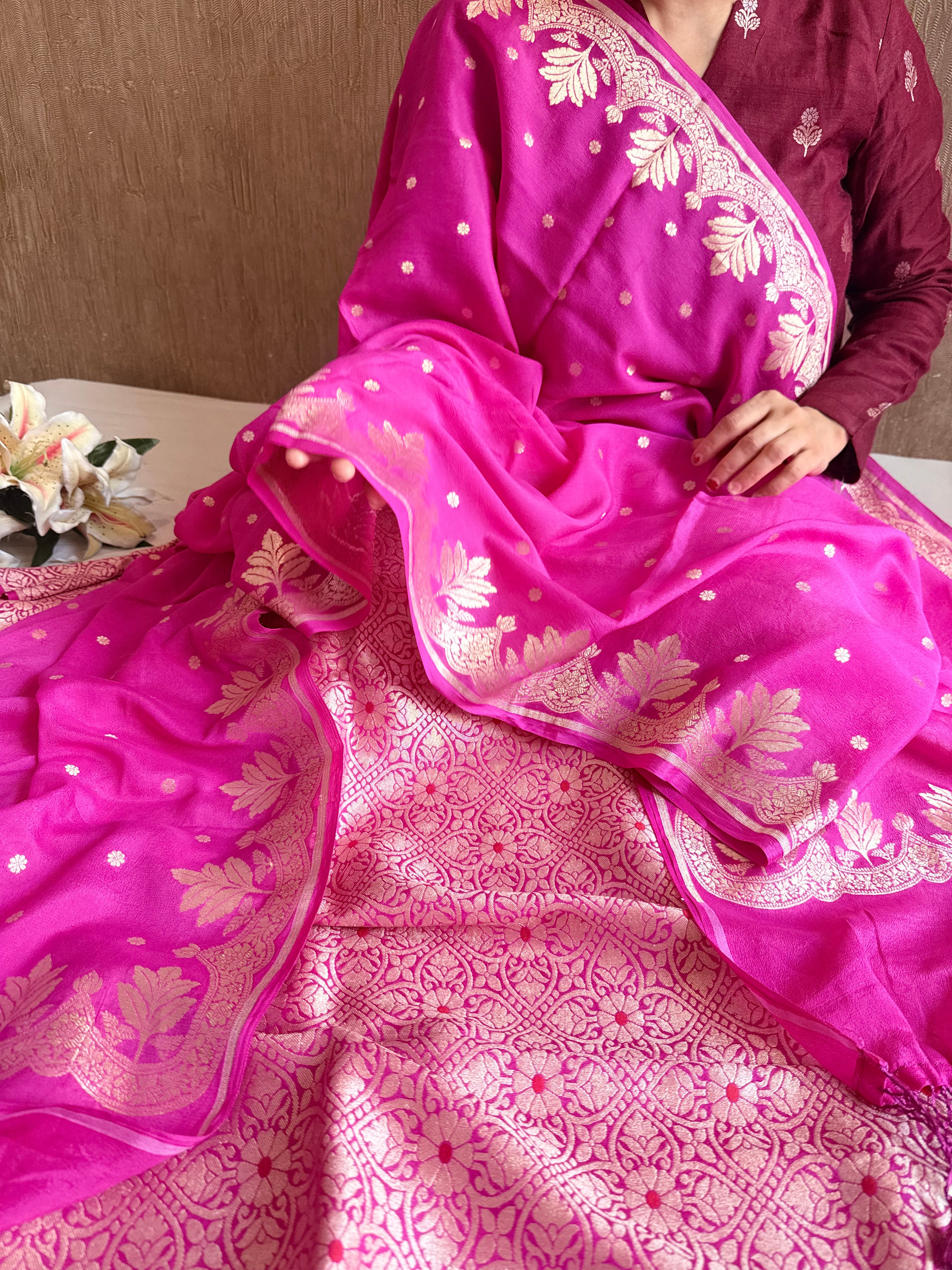Hot pink moonga brocade ambose meenakari suit set