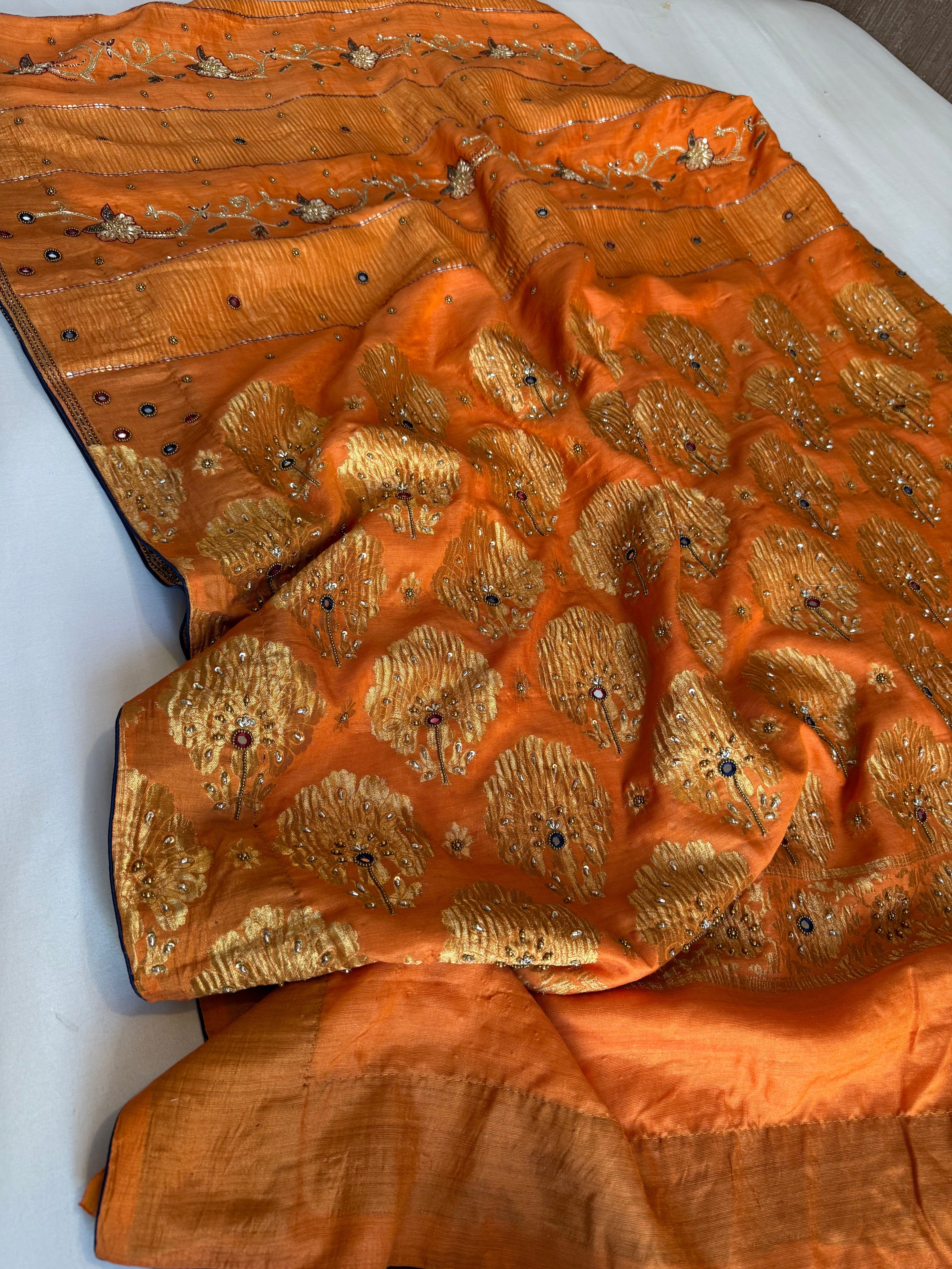 Mastani edit - Fanta orange moonga silk hand embroidered kadhwa saree