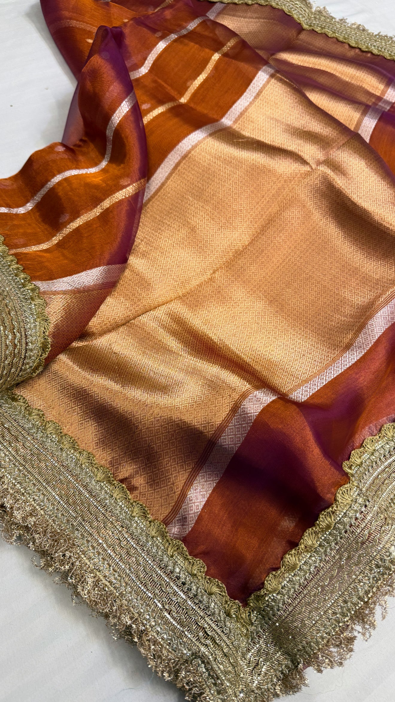 Maharani copperish deep purple tissue silk kadhwa saree