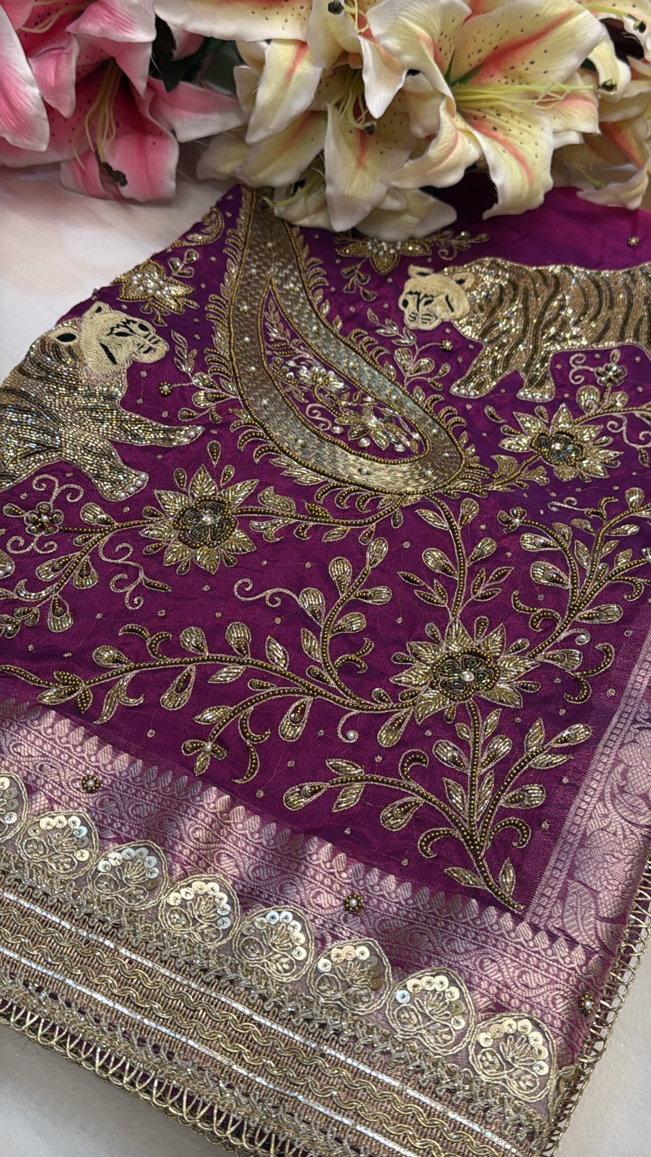 Magenta pink husn cheetah work hand embroidered tissue silk kadhwa saree