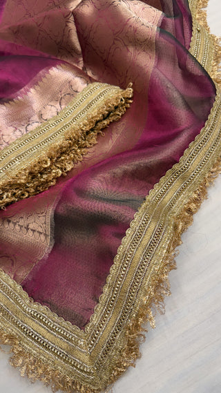 Maharani dusty hot pink tissue silk kadhwa saree