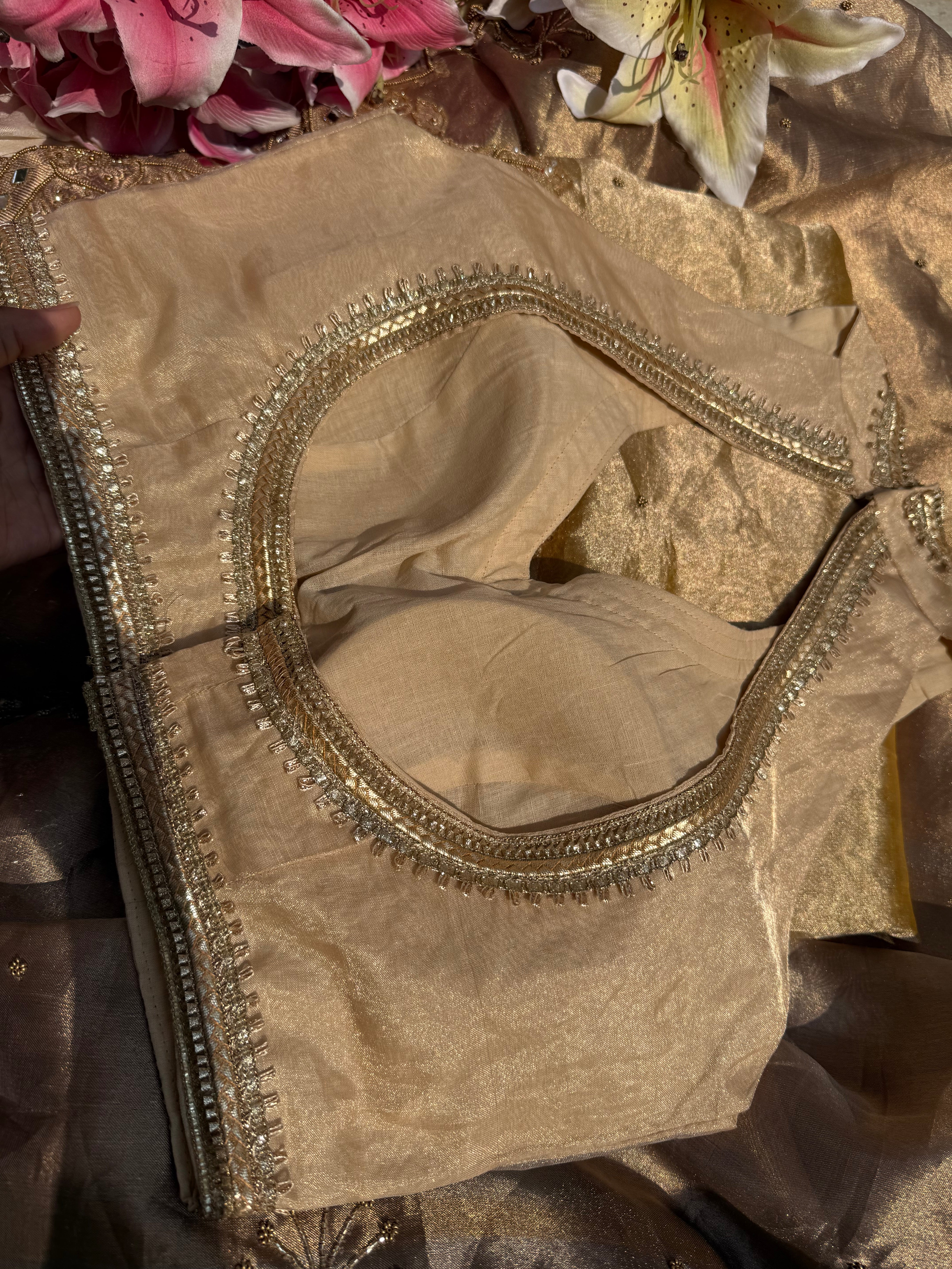 Halter neck golden tissue silk free size blouse piece