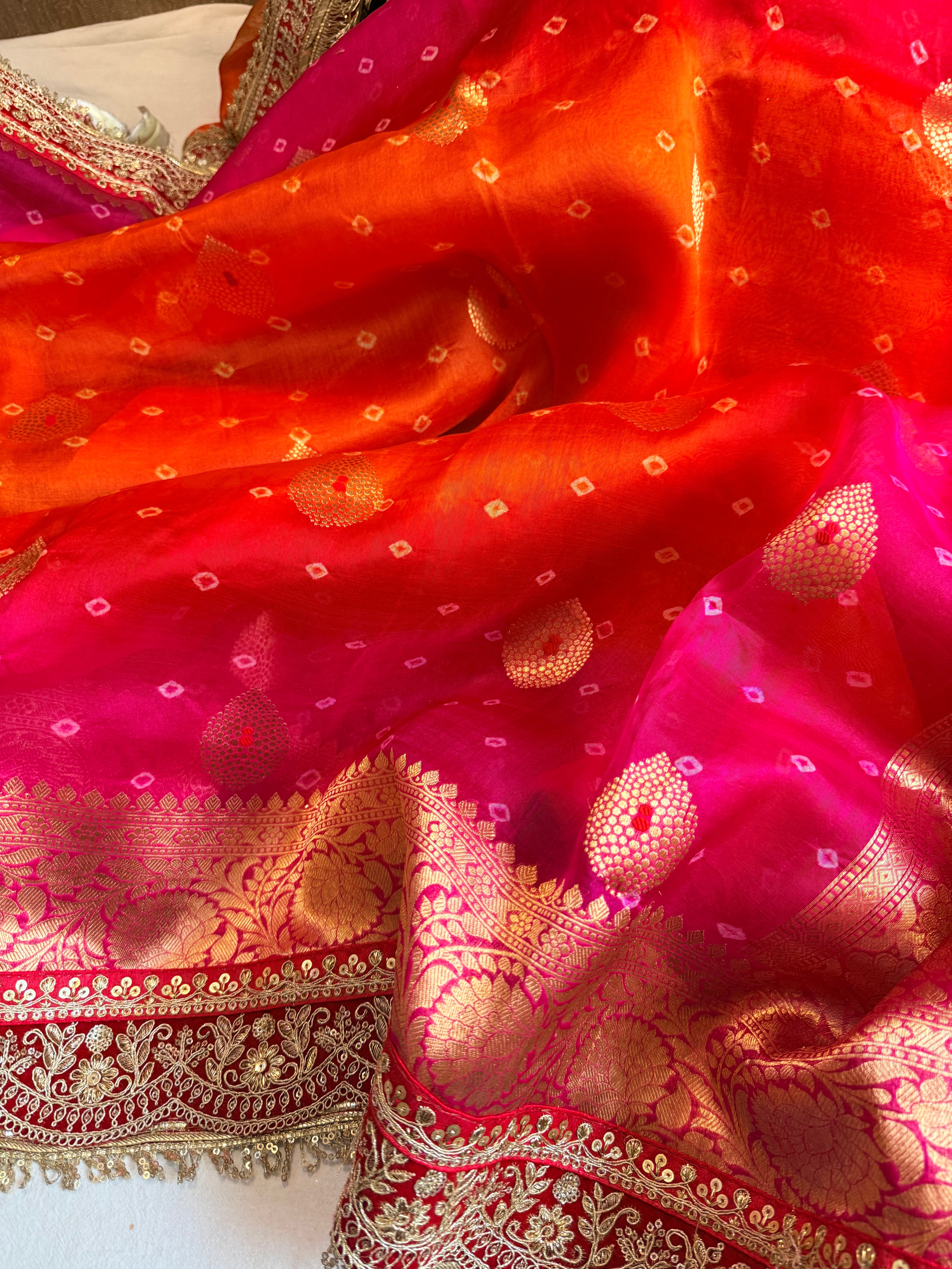 Mayra wali saree - Kora silk bandhej work meenakari gotapatti saree