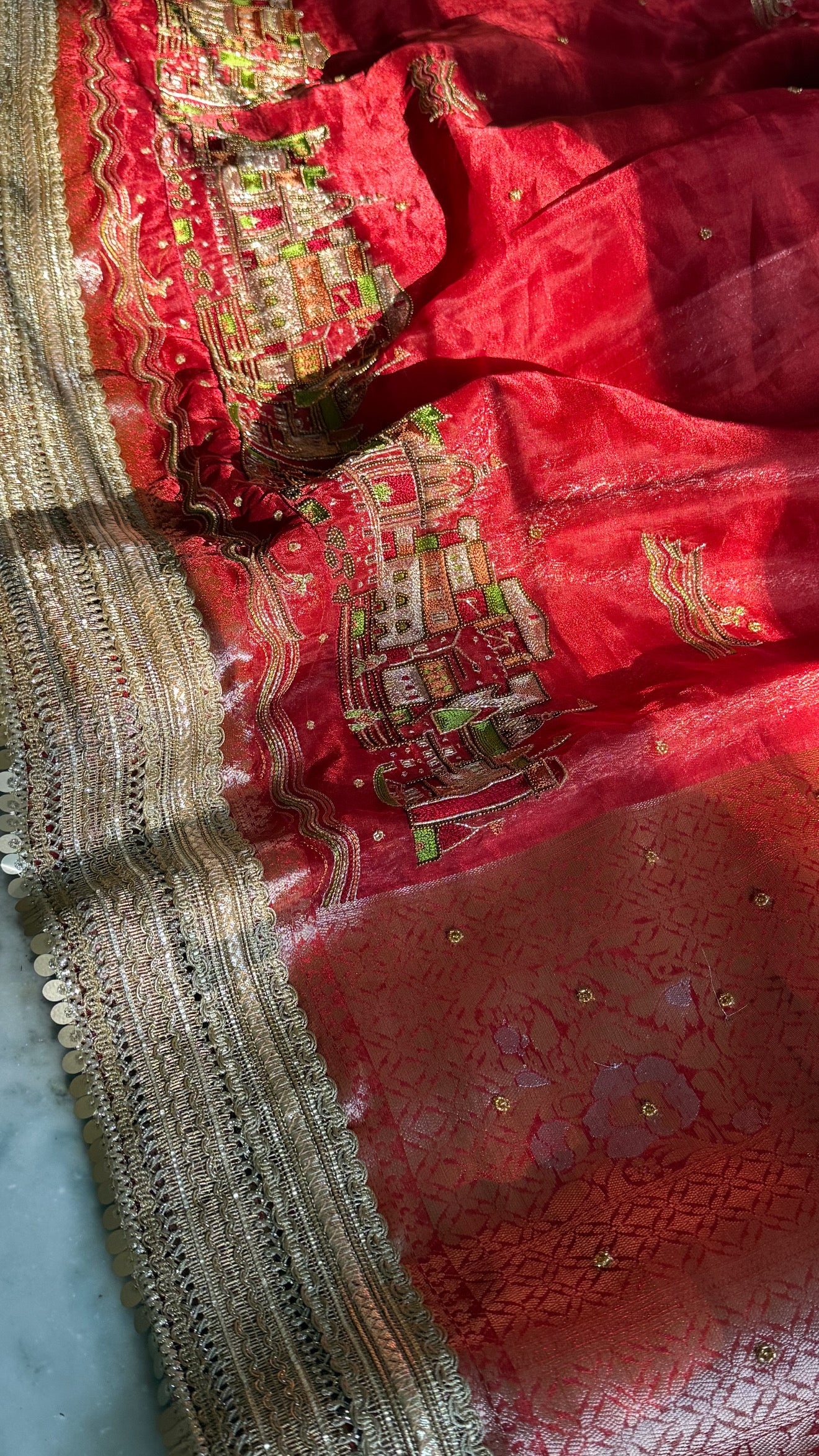 Teej Special - Blood red banarasi ghat hand embroidered tissue silk saree