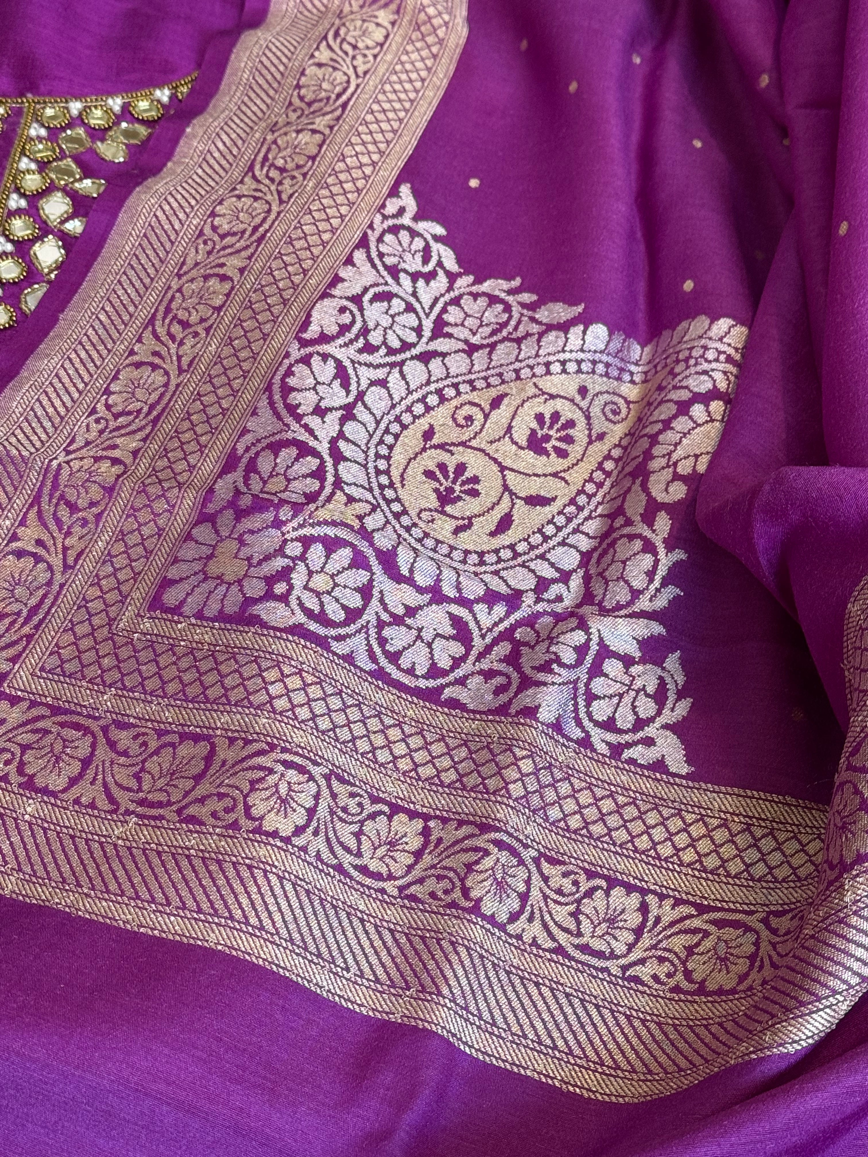 Sheesham deep purple mirror work hand embroidered katan silk kadhwa suit set