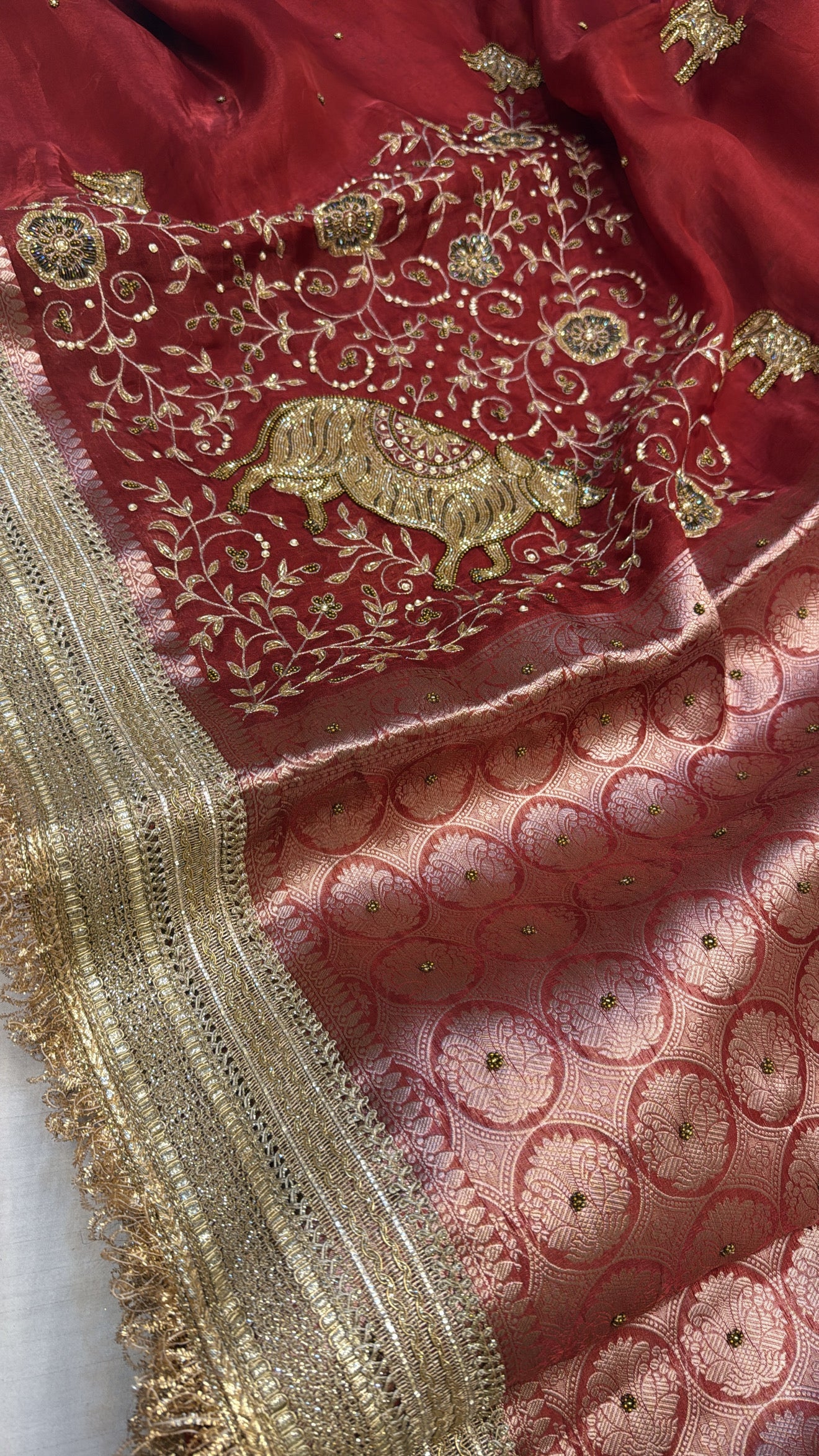 Dulhan ki maa wali saree - Husn tissue silk hand embroidered kadhwa sarees