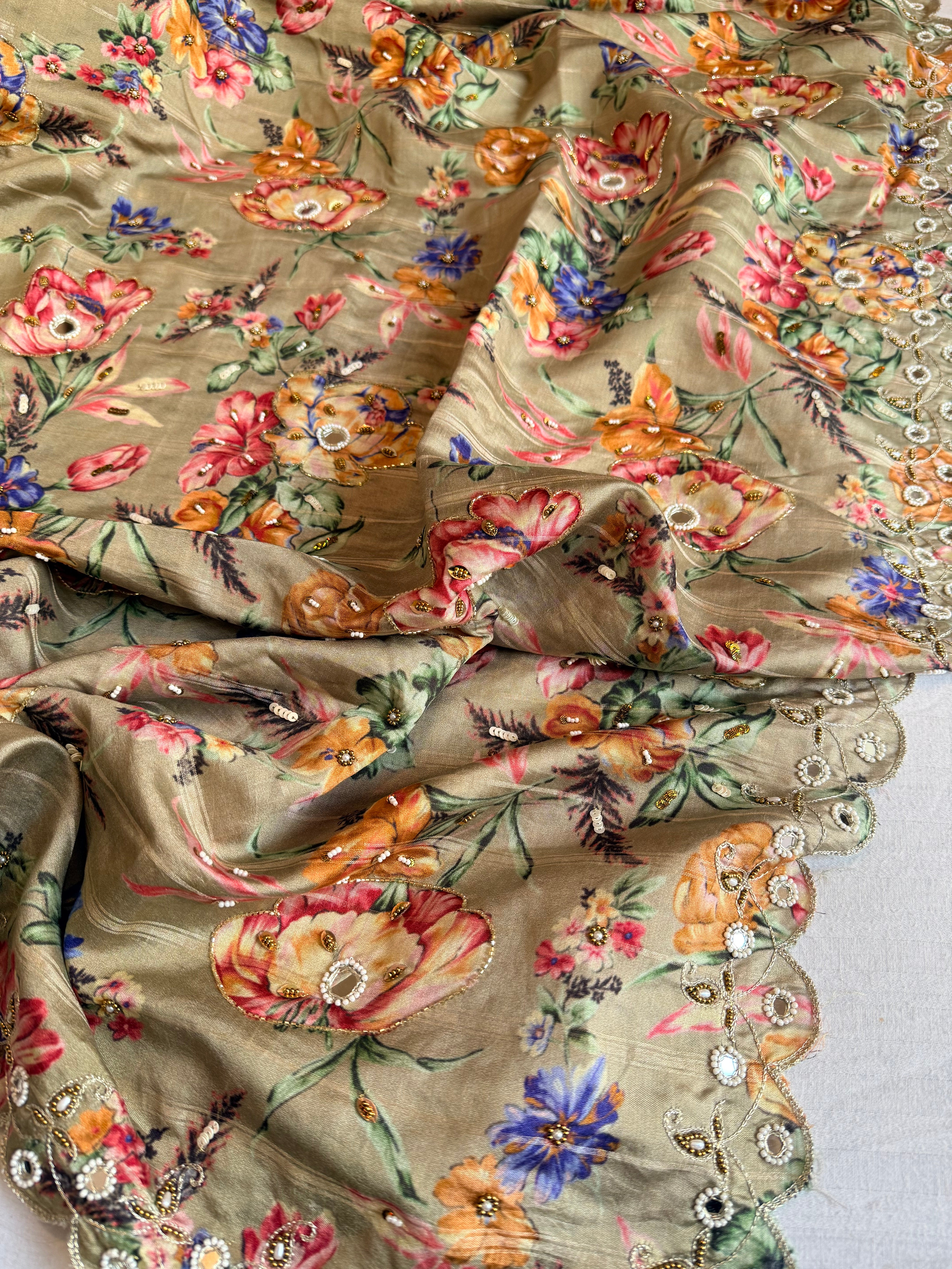 Printed moonga silk hand embroidered kadhwa gotapatti saree