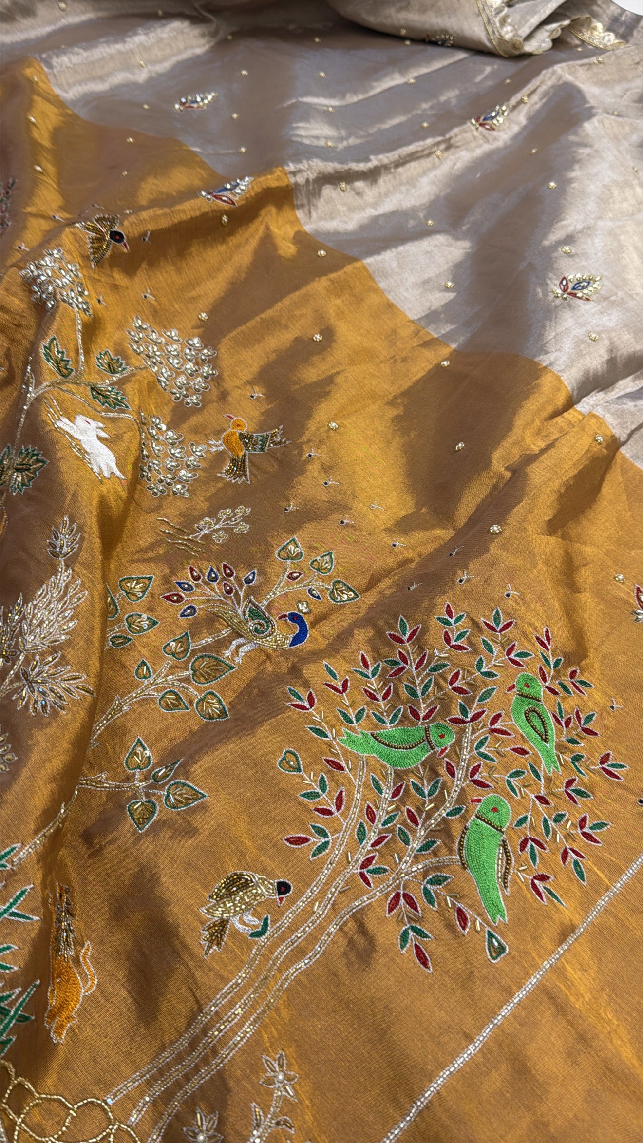 Sona rupa weaving husn tissue silk shikargah hand embroidered kadhwa saree