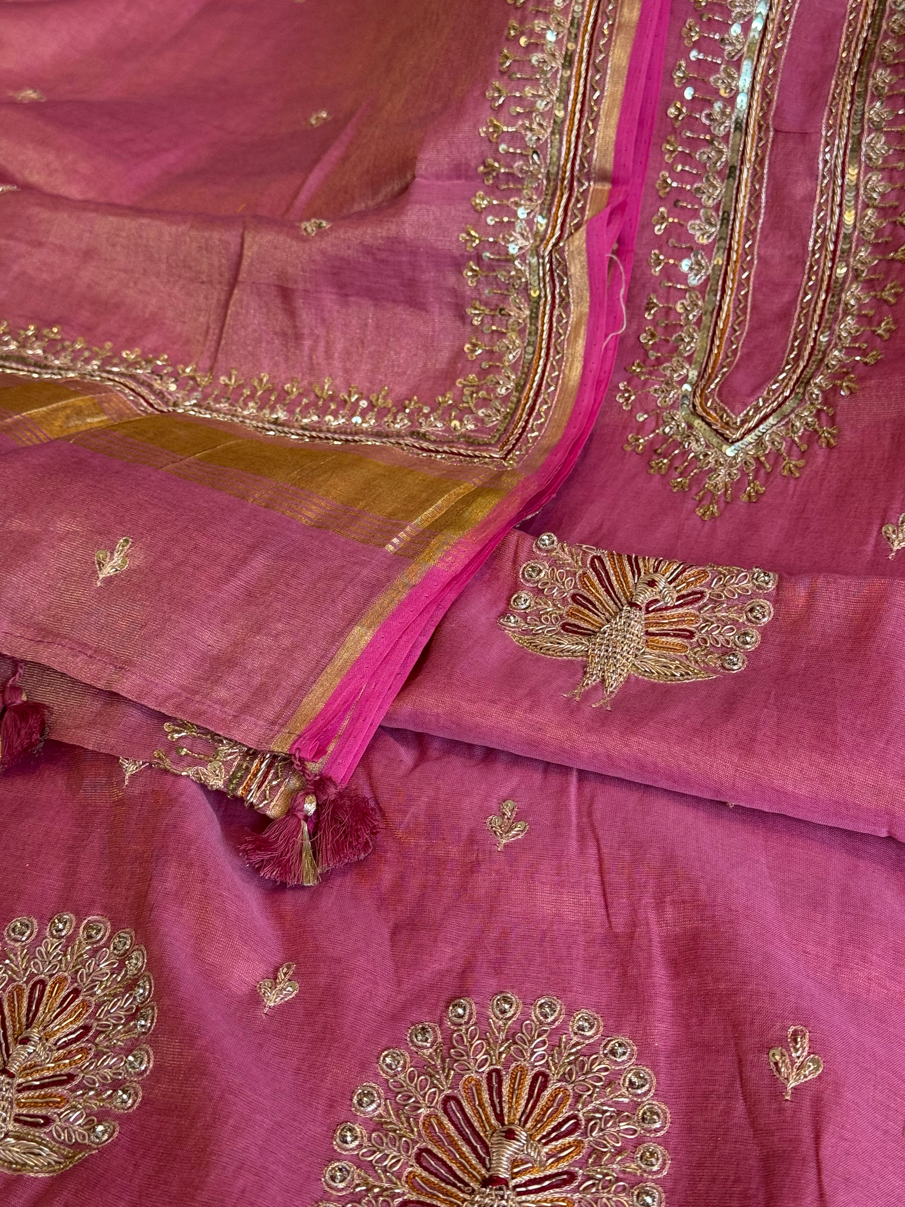 Candy pink mul cotton tissue silk hand embroidered kadhwa suit set