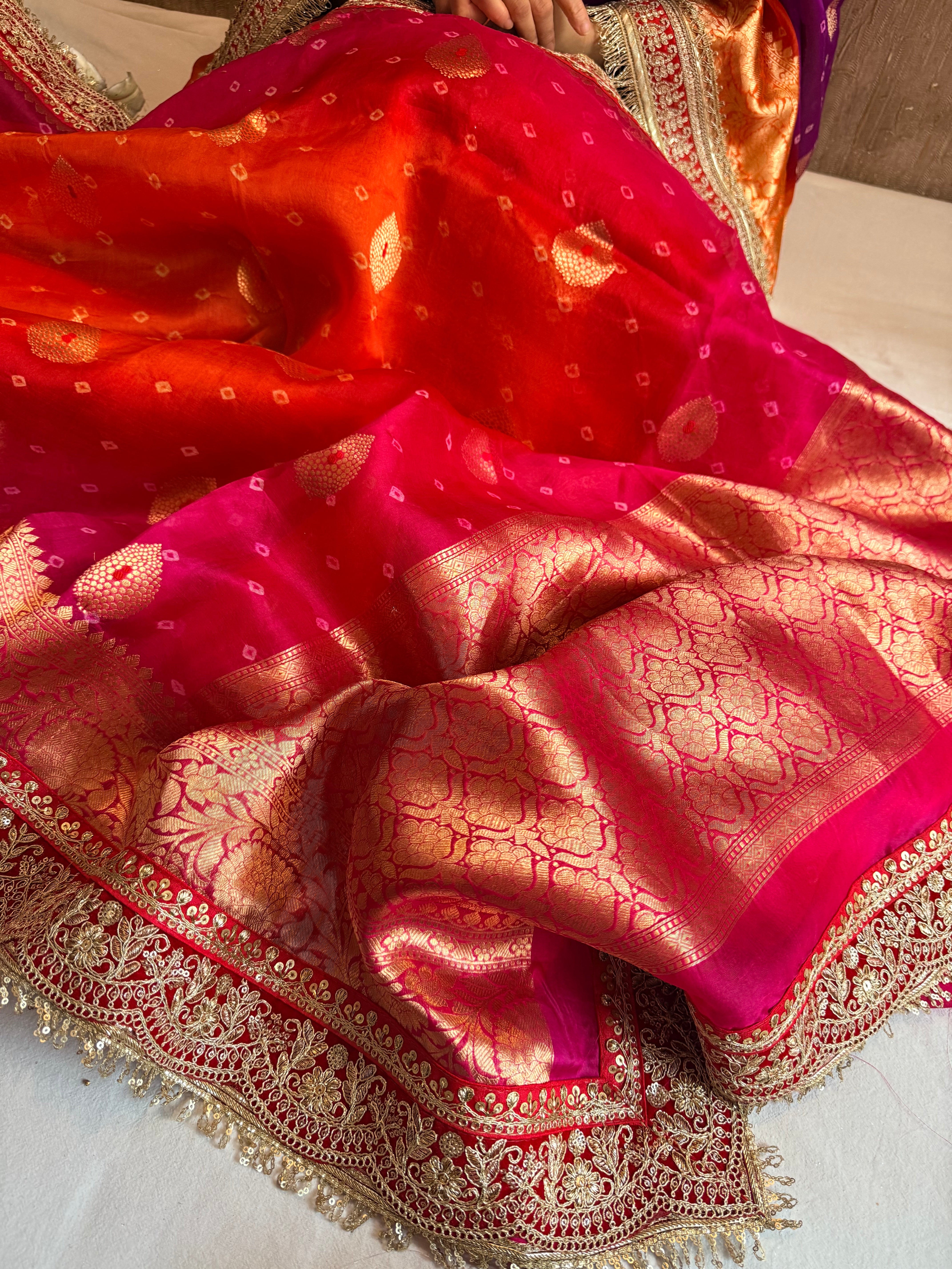 Mayra wali saree - Kora silk bandhej work meenakari gotapatti saree