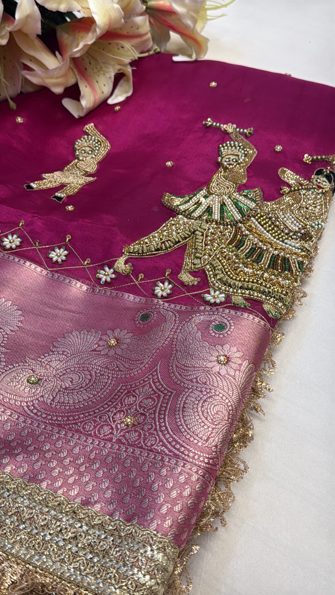 Hot pink husn tissue silk hand embroidered kadhwa saree