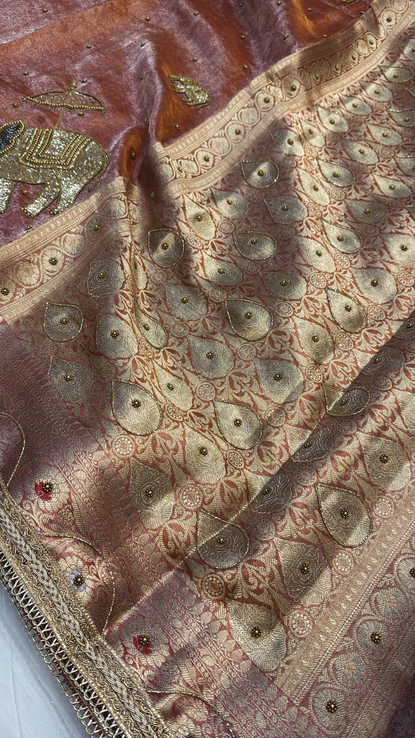 Wedding edit - Husn fanta orange tissue silk elephant motif hand embroidered saree