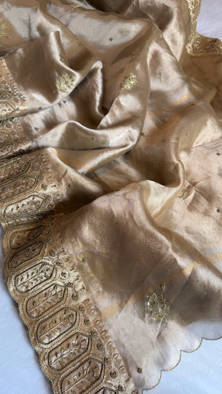 Husn soft golden tissue silk heavy hand embroidered saree