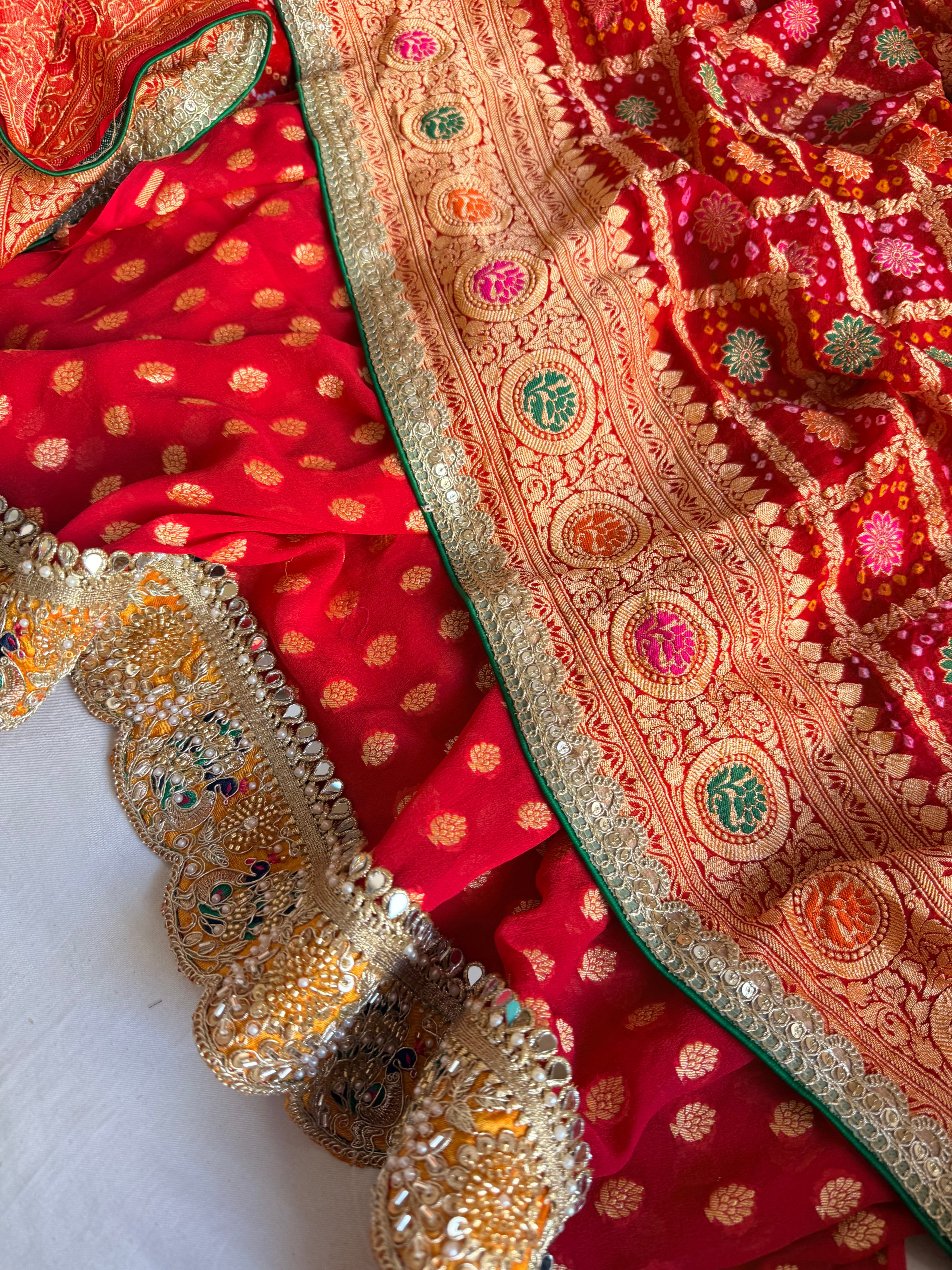 Rai bandhej red banarasi chiffon gorgette gotapatti suits