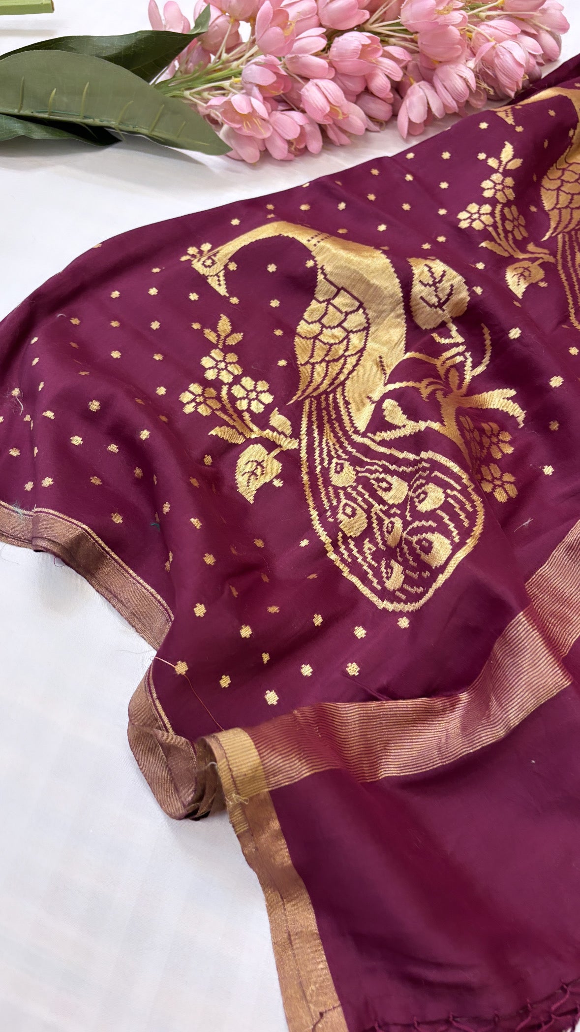 Moonga silk garnet red peacock duppata