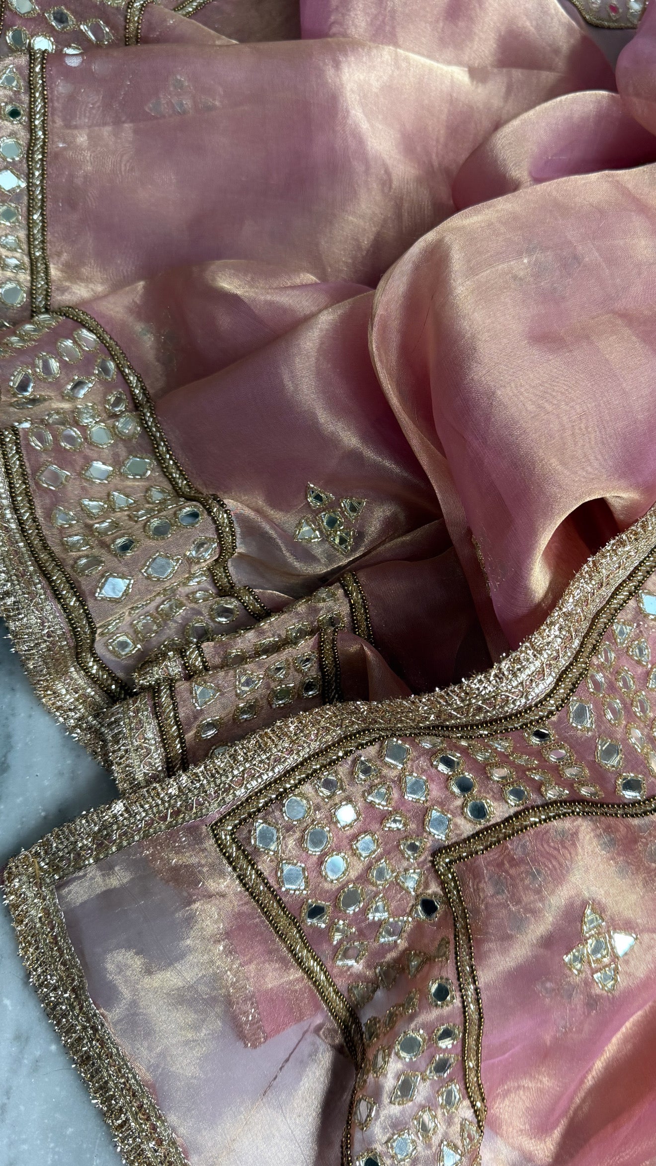 Engagement wali saree - Blush pink diamond tissue silk mirror work hand embroidered saree