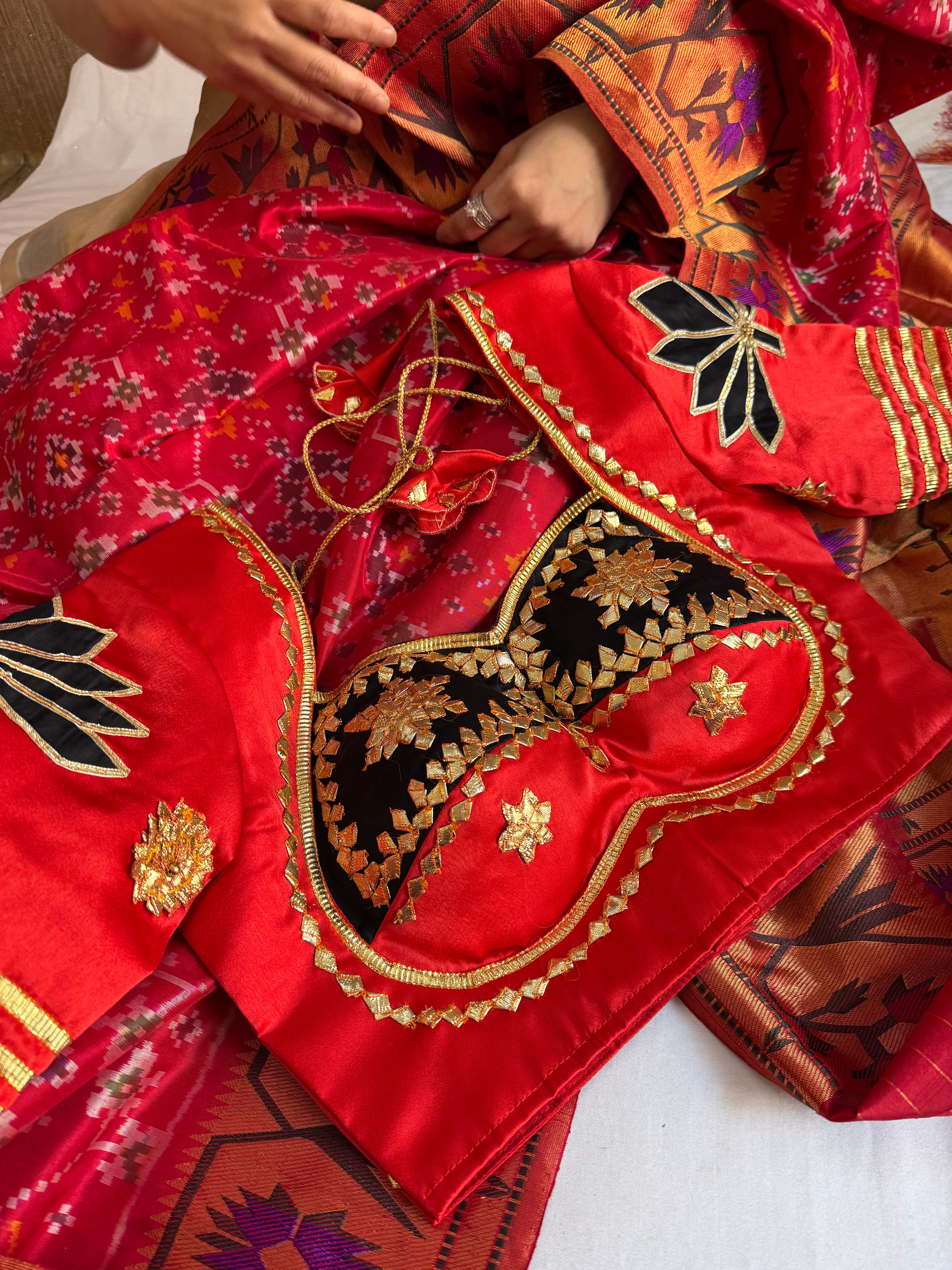 Aangi blouse - Red & Black mashru satin silk stitched free size aangi hand embroidered blouse