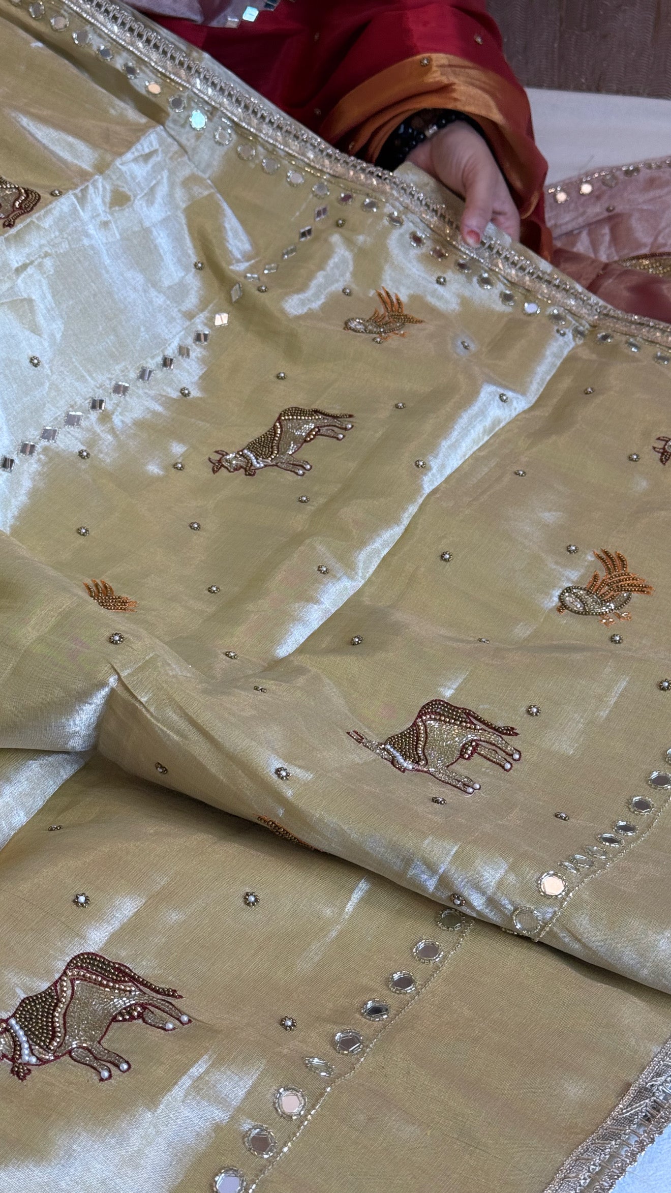 Satin tissue silk ivory gold hand embroidered kadhwa banarasi saree