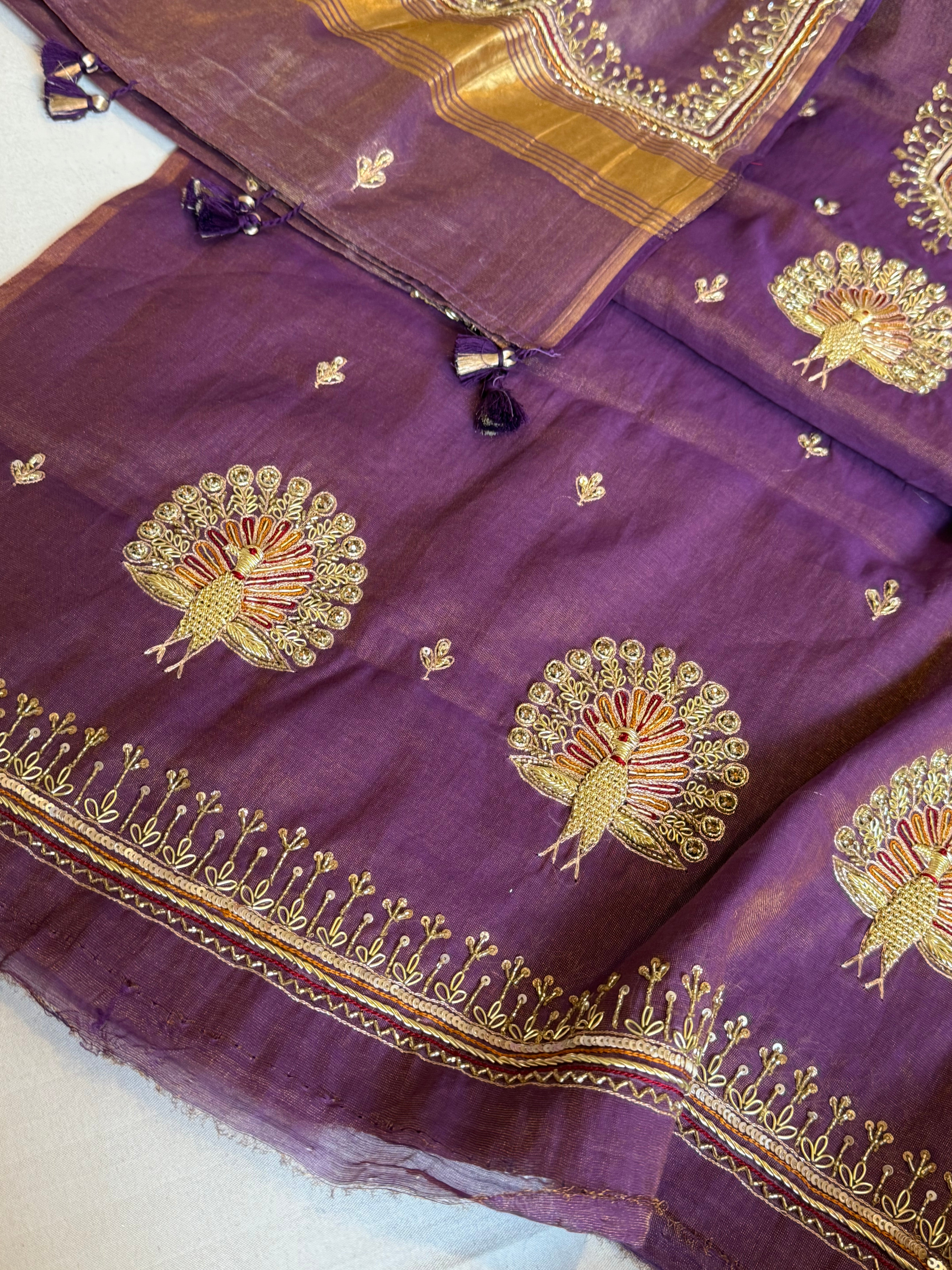 Deep purple mul cotton tissue silk hand embroidered kadhwa suit sets