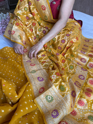 Mirror and dori work haldi yellow banarasi bandhej gorgette suit set