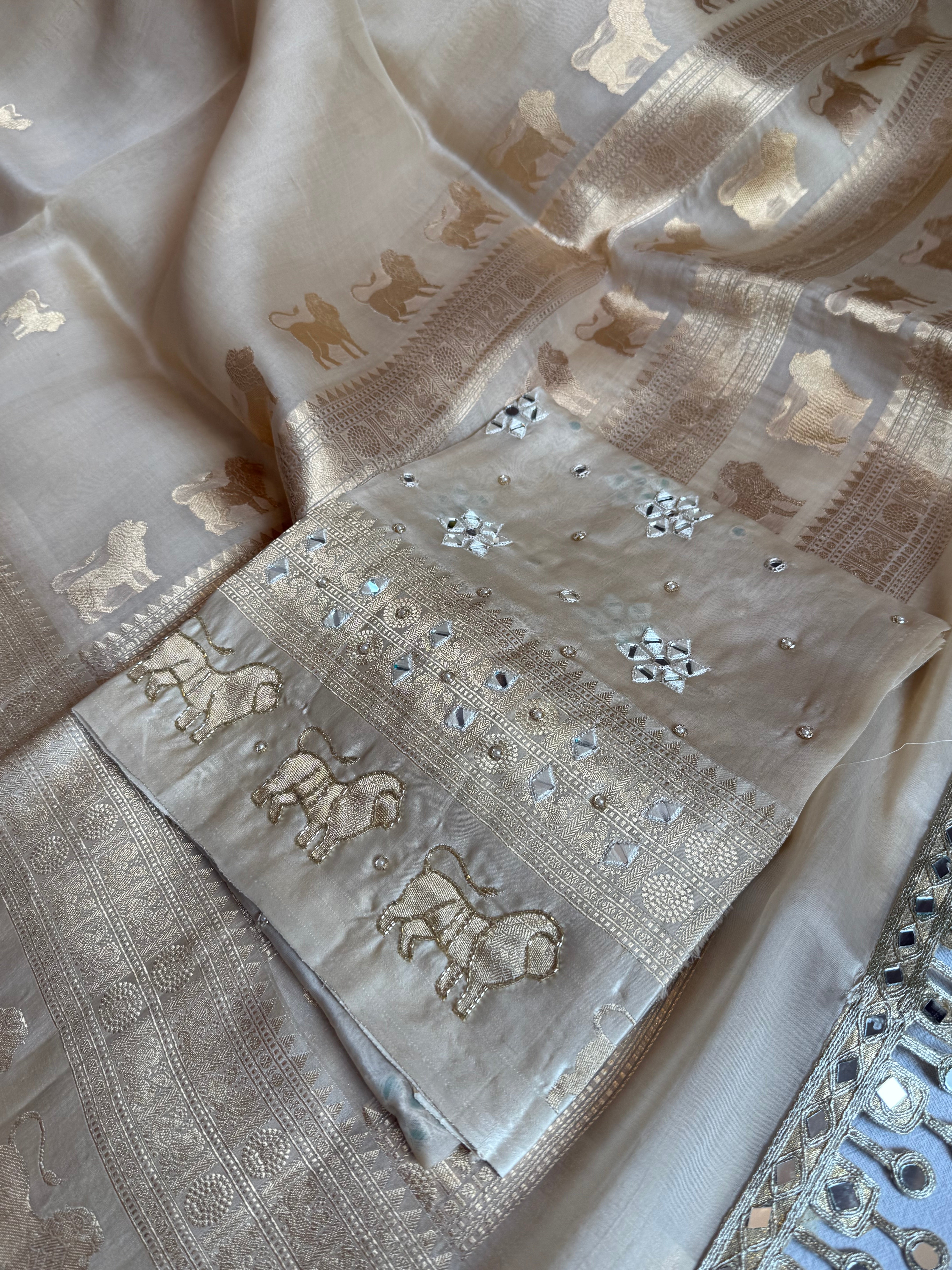 Champagne gold kora silk hand embroidered kadhwa saree