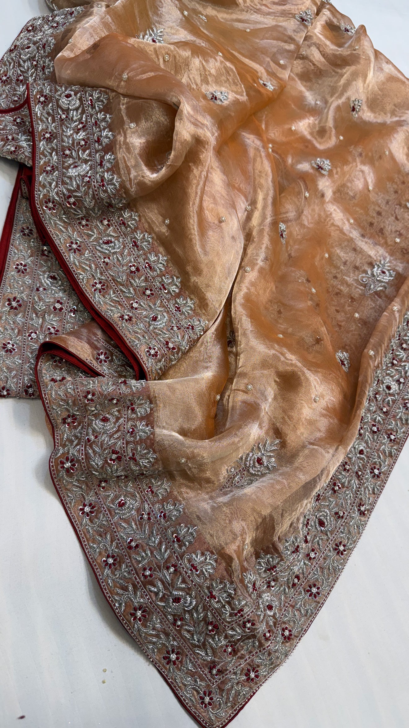 Gulab ki pankhuri husn tissue silk heavy zardozi hand embroidered border saree