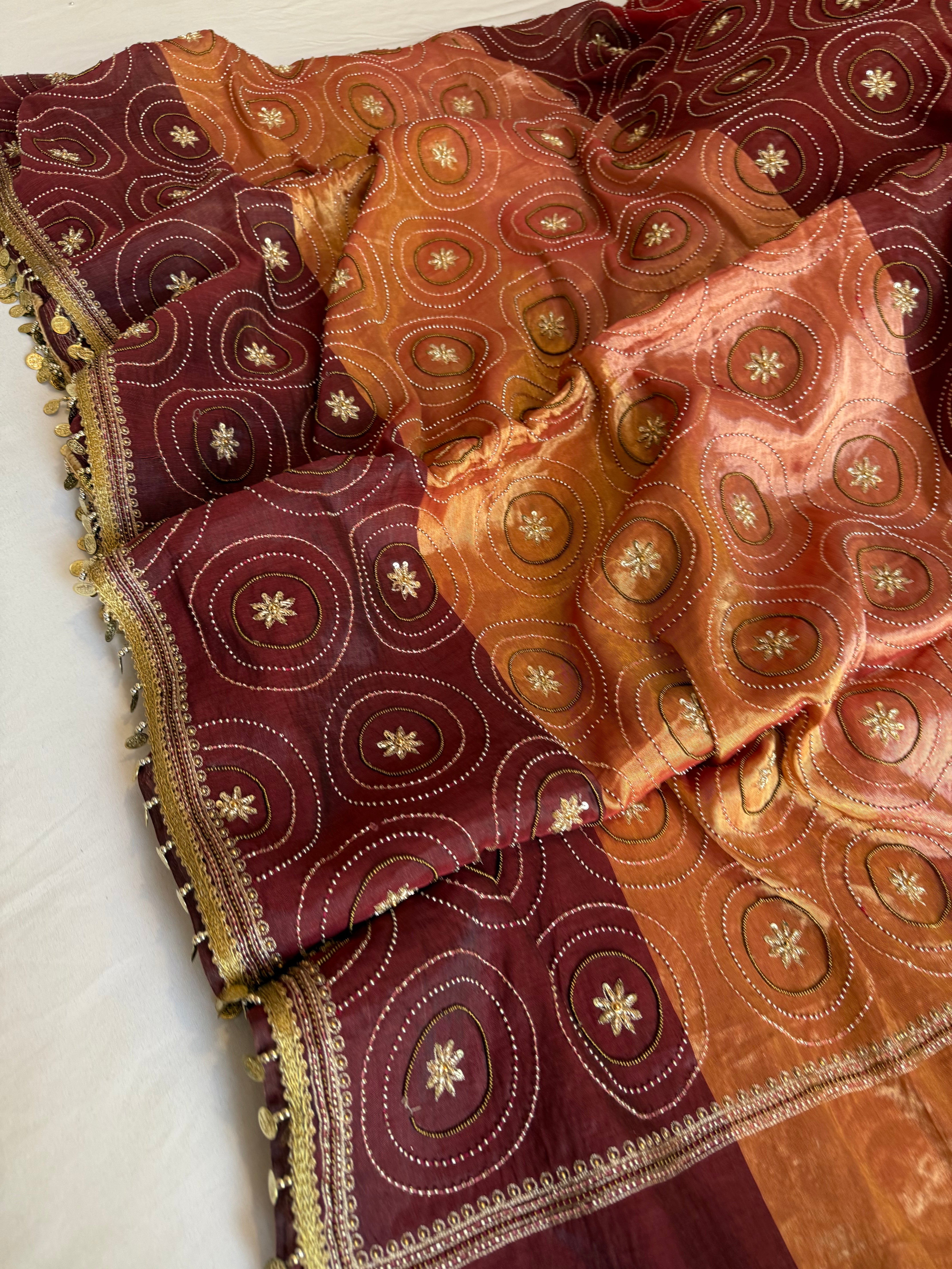 Multicolour double tissue silk heavy hand embroidered kadhwa jaal saree