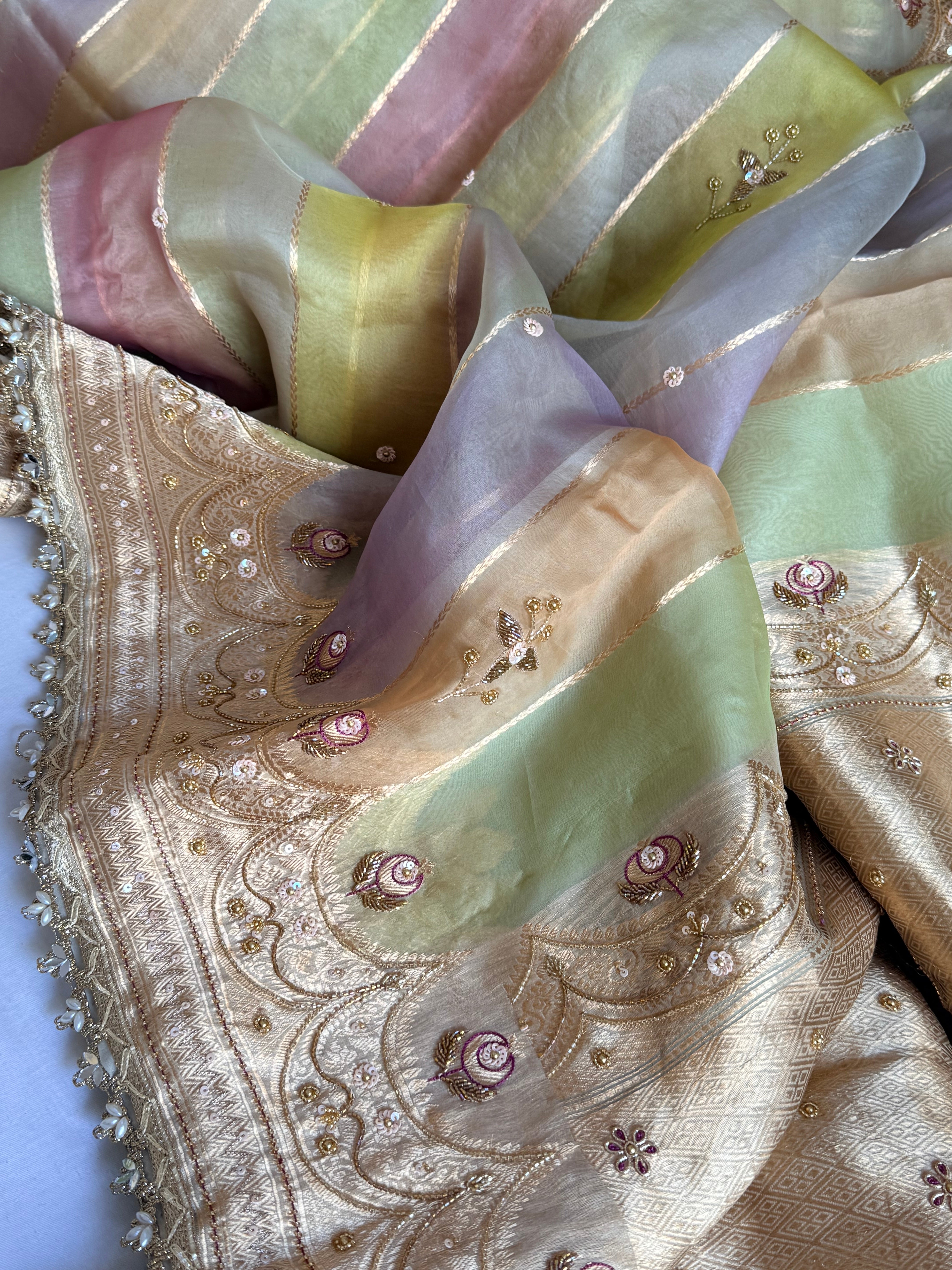 Rang birangi edit - striped kora silk hand embroidered rangkaat saree