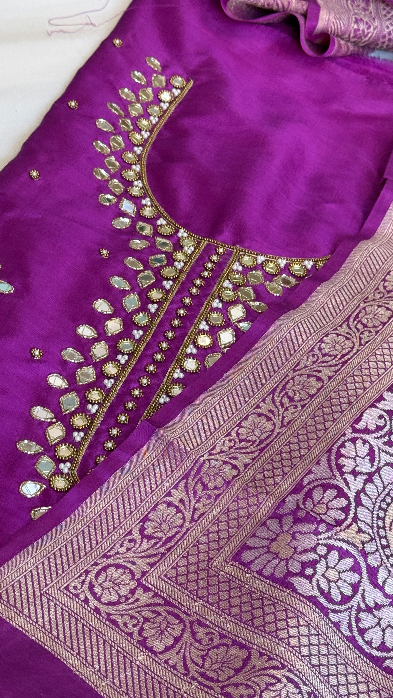 Sheesham deep purple mirror work hand embroidered katan silk kadhwa suit set
