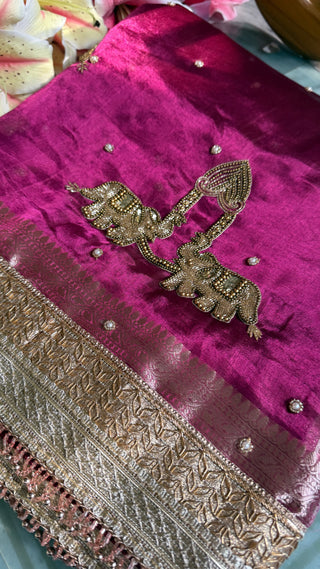 Husn hot fuchsia pink tissue silk elephant motif hand embroidered saree