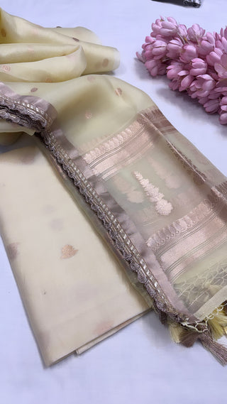 Pure banarasi lime yellow kora silk kadhwa buti stunning suit set with gotapatti work on duppata