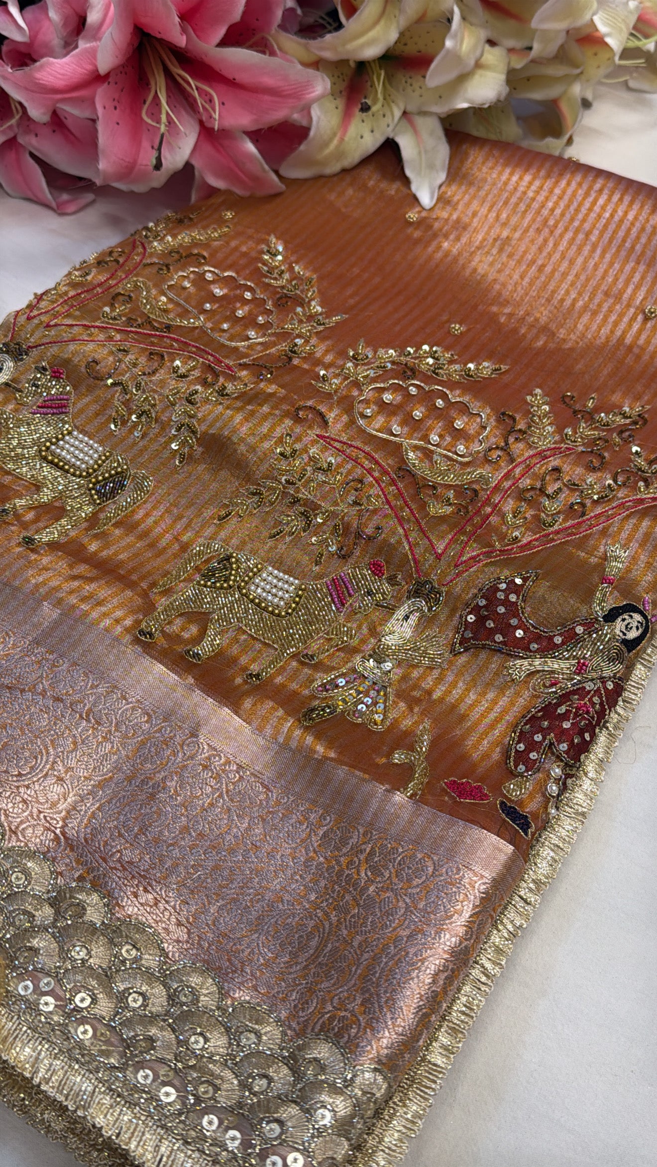 Rasleela hand embroidered husn peachy ombre shaded tissue silk saree