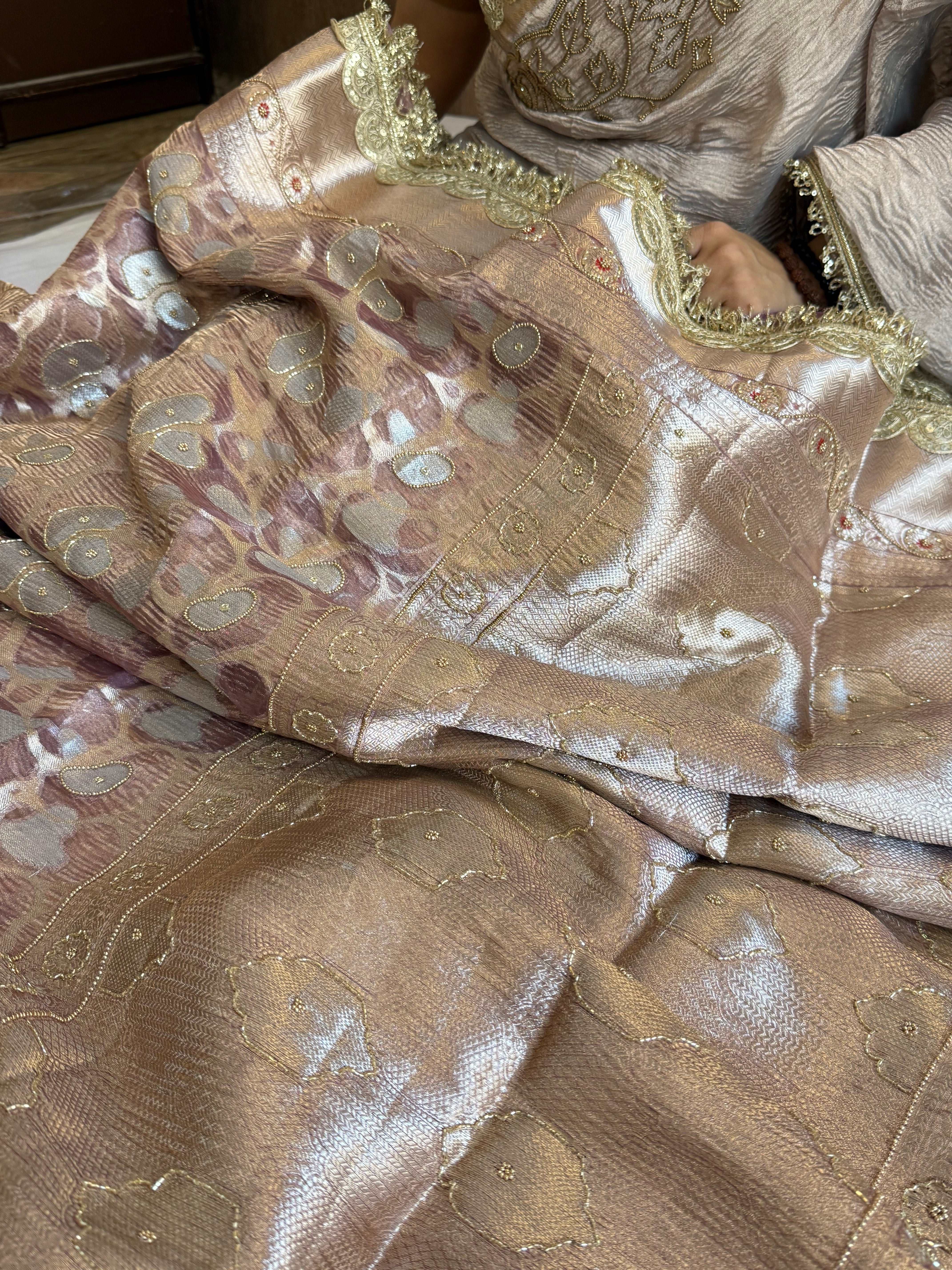 Mehfil sona rupa crushed tissue silk hand embroidered kadhwa saree