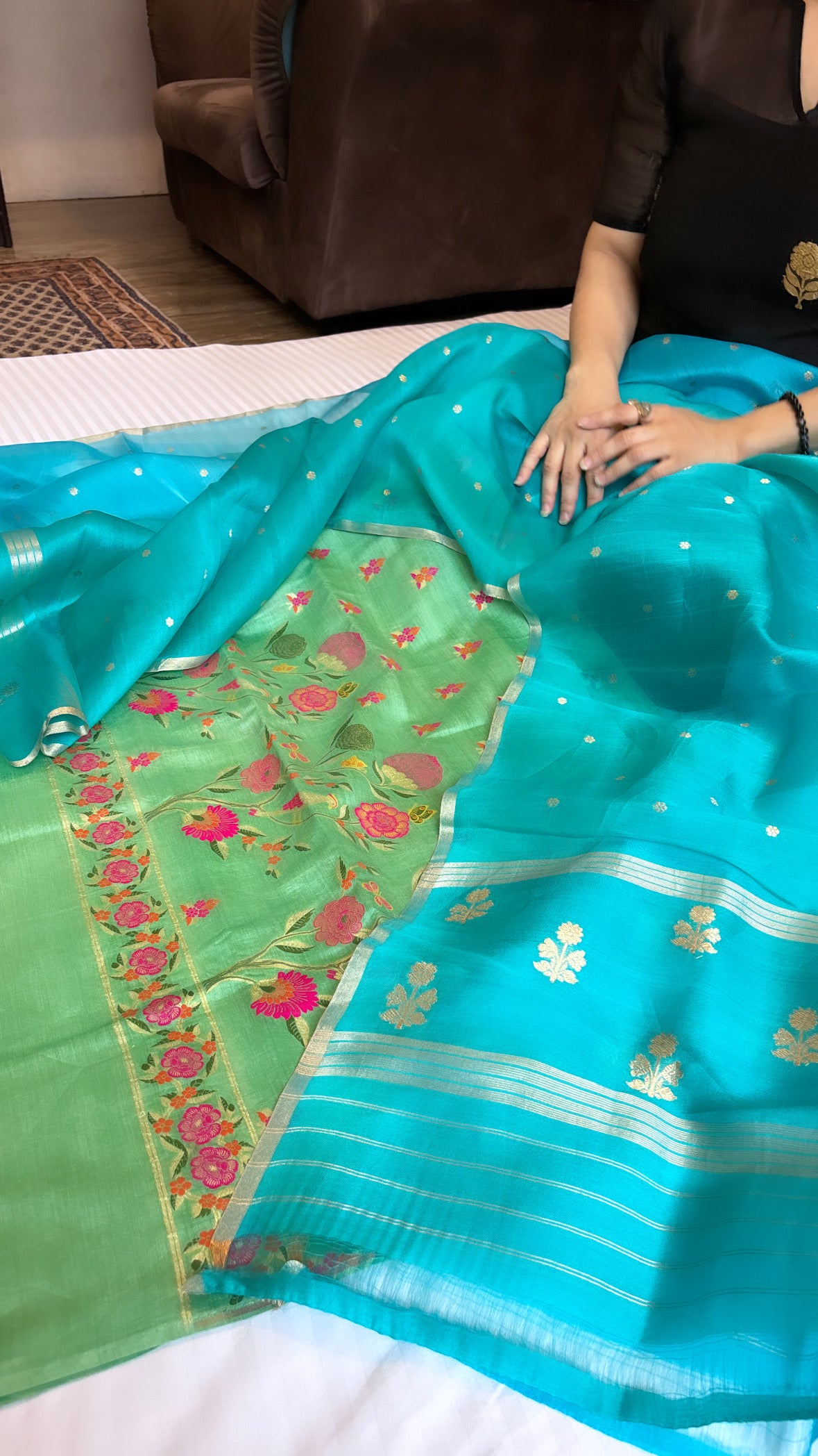 Menka (shades of green and blue) moonga silk kadhwa meenedar suit set