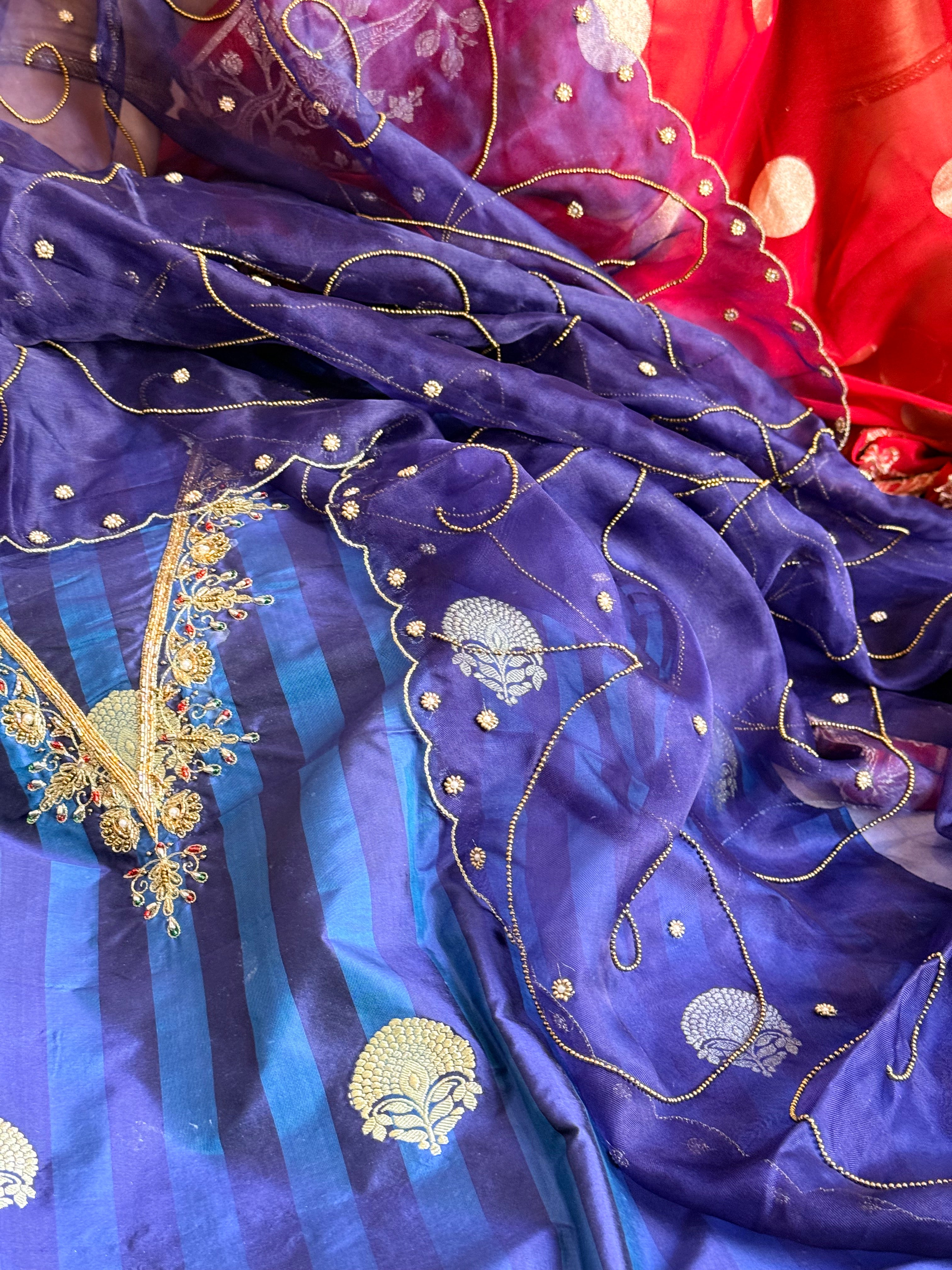 Katan silk kadhwa hand embroidered striped dhup chao effect suit set