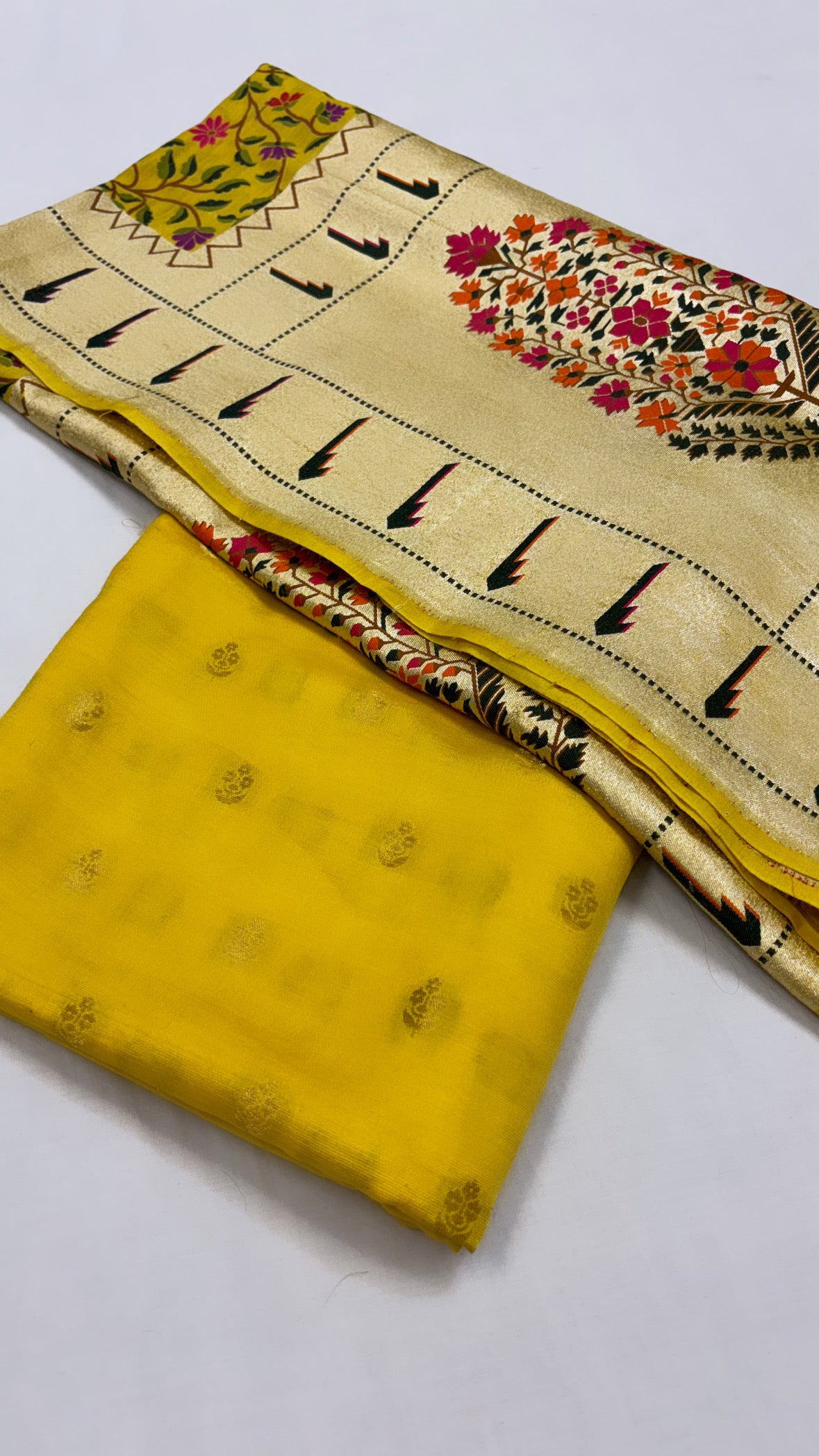 Pure Banarasi mango yellow moonga silk kadhwa buti kurta paired with kadhwa  meenedar paithani jaal intricately woven duppata and bottom set