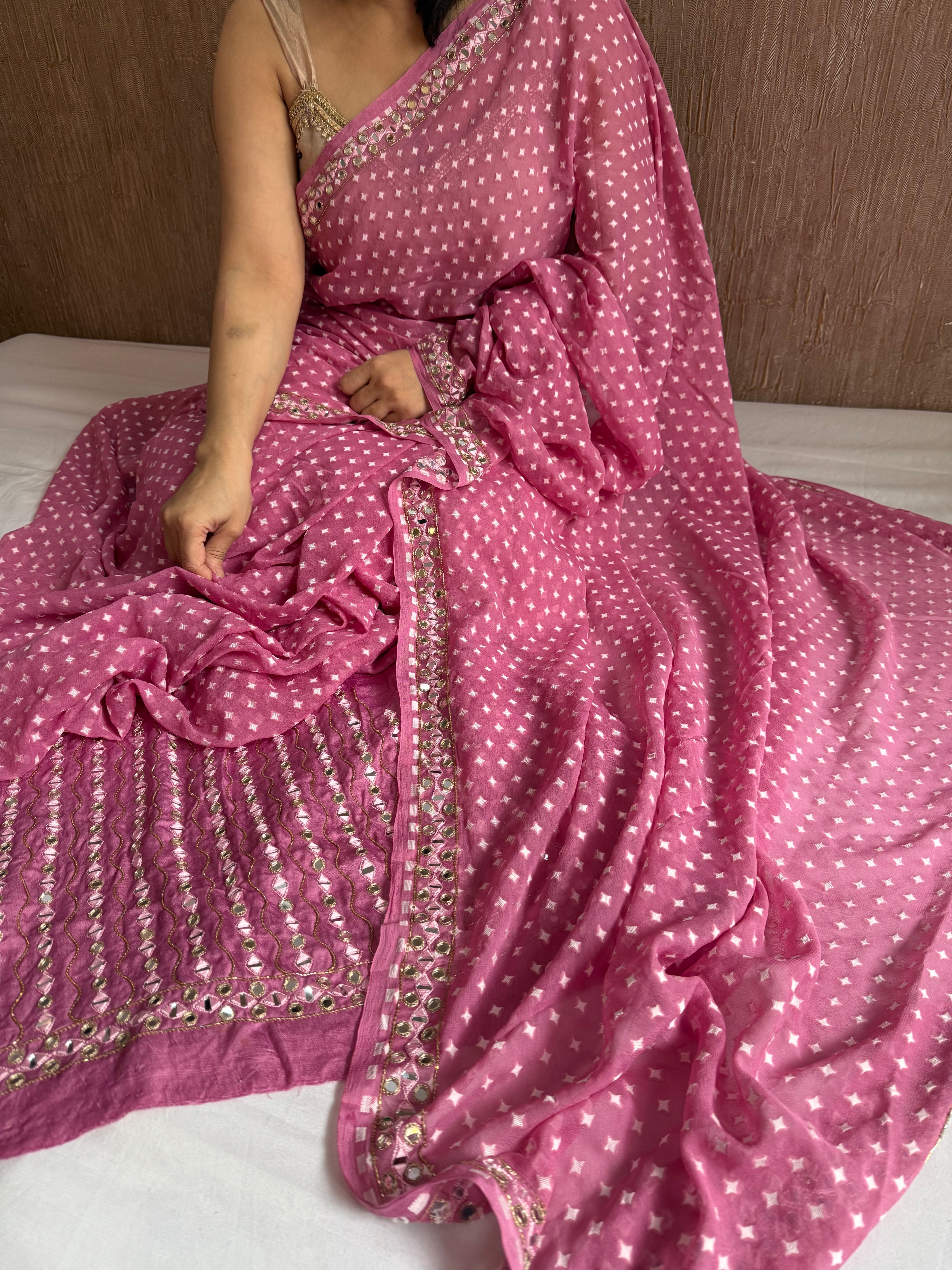Strawberry pink gorgette bandhej pattern kadhwa saree
