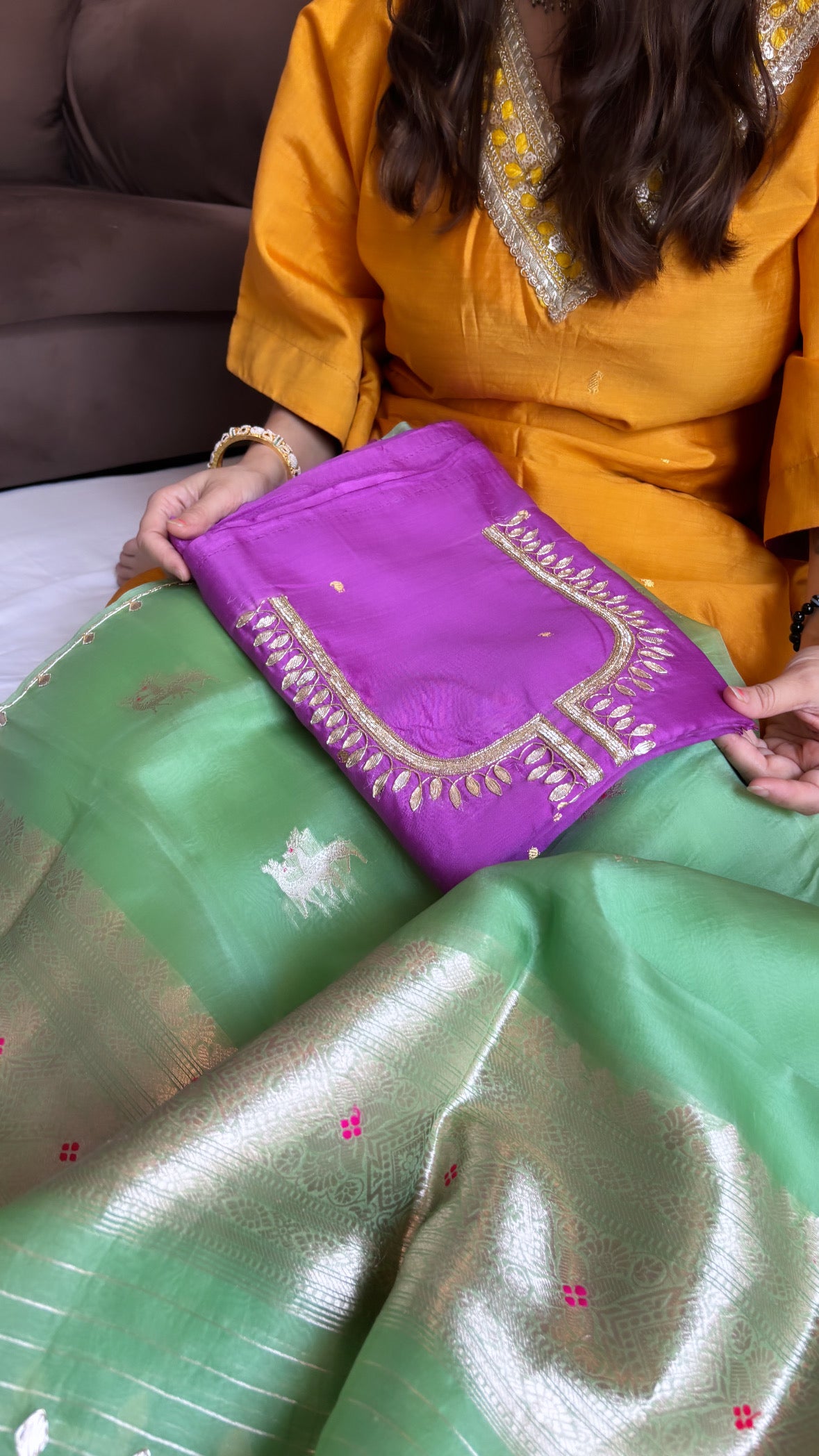 Purple-green hand embroidered kadhwa suit set from vyaah wala ghar edit